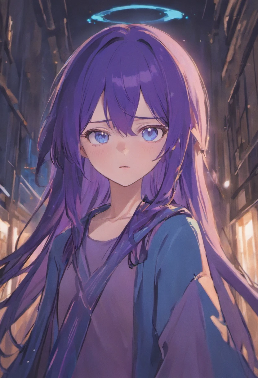 a young girl with blue eyes, dark purple long straight hair, fair skin and freckles