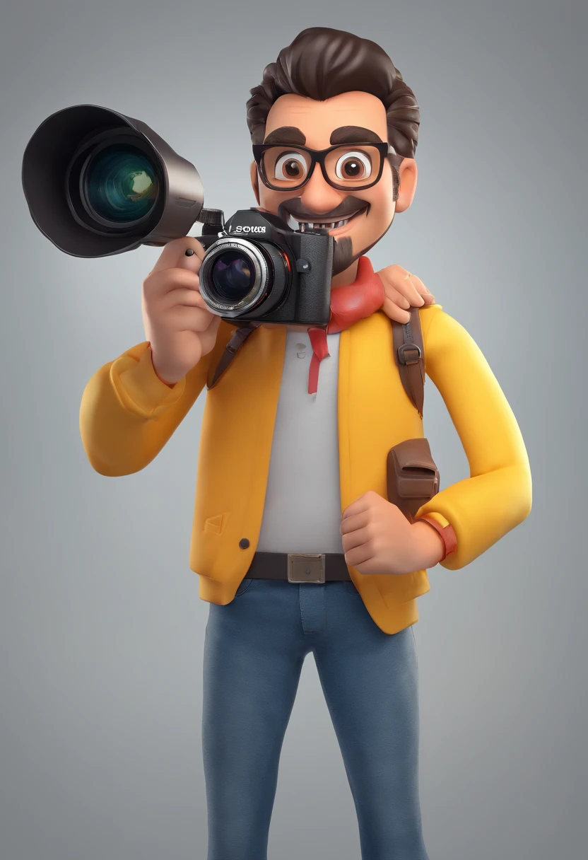 Homem com cabelos loiros escuros liso e barba loira escura falhada, Round face with round glasses, Smiling holding a camera and a flash light in front of you;, foto profissional, foto profissional, Eloy Morales, imagem profissional, Foto selfie 8k, professional photographie, enquanto sorri para uma fotografia, smiling at camera, camera flash is so bright, fotografia profissional, happily smiling at the camera, Luis Nieves Sr...., Looking at camera!!!