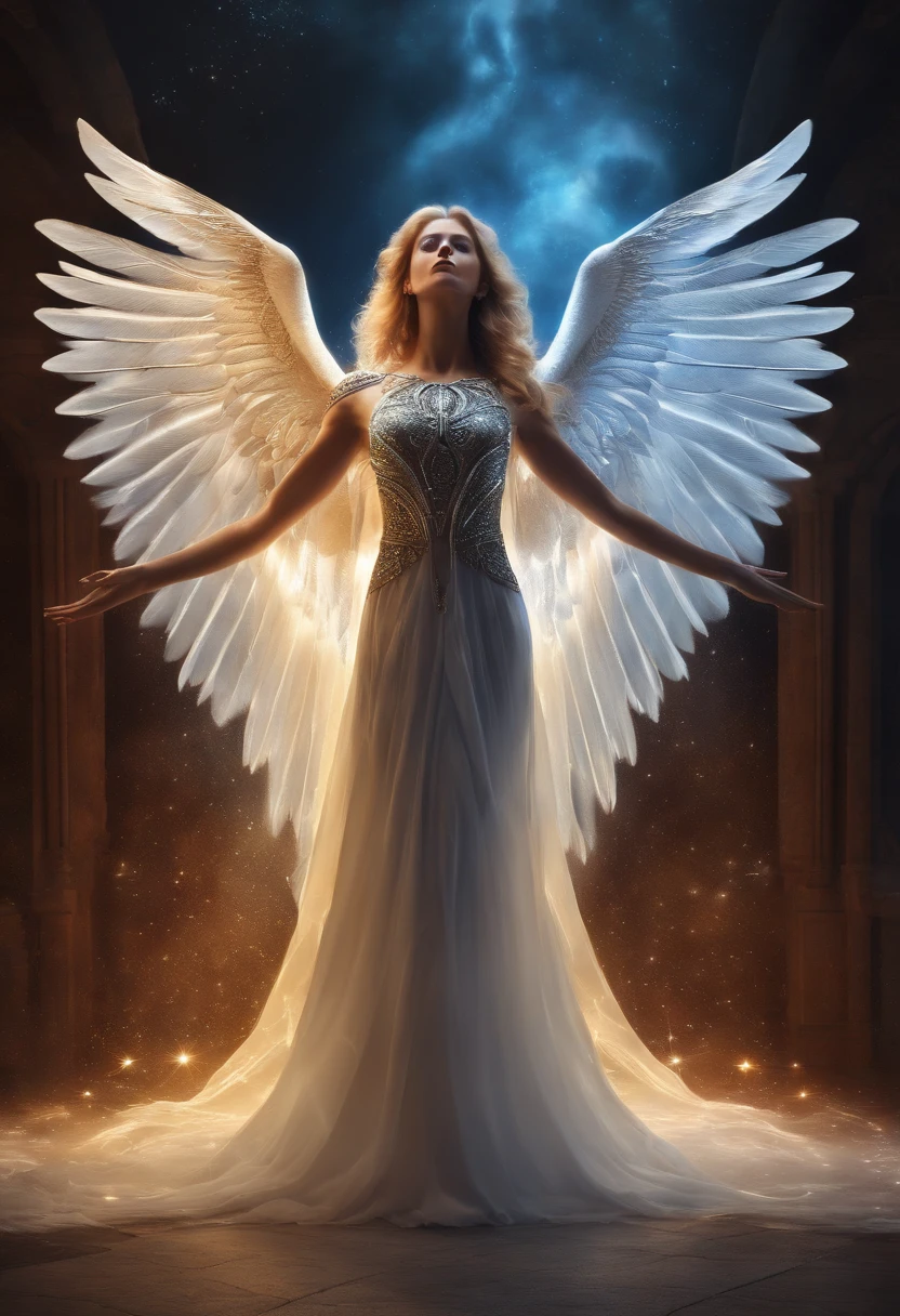 An extremely exaggerated tall, strong, plump and sexy woman，She is the fallen angel of the universe,Six pairs of big wings that cover the sky and the sun，Have extremely exaggeratedly huge thick breasts，Elongated waist，Extremely exaggerated and huge thick buttocks，Super long big thick legs，Extremely thick leg muscles，Full body cosmic color，Super long hair full of stars，6 meters long hair，There are stars in my hair， glowing light eyes, Biomechanicals, eerie, crawling, nightmarish, The colors are very vivid, Light particles, Glowing light, Mshiv, wallpaper art, ultra HD wallpaper，full body shot shot。