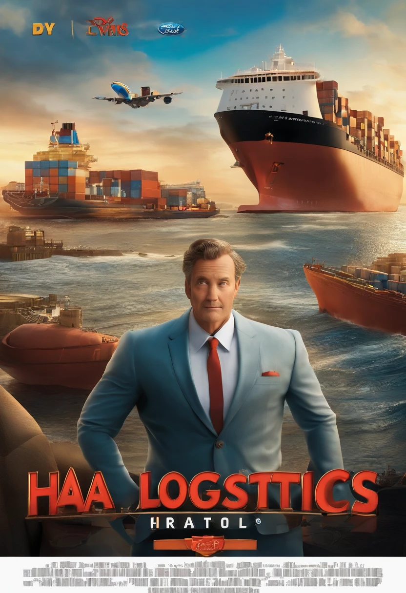 3D poster of the Disney pixar style film with the title “Hai Logistics - A company that Honors, Loves and Innovates” with a man in his 40s in a suit with his hair combed back and the setting is an office with glass windows with look at the ship's port