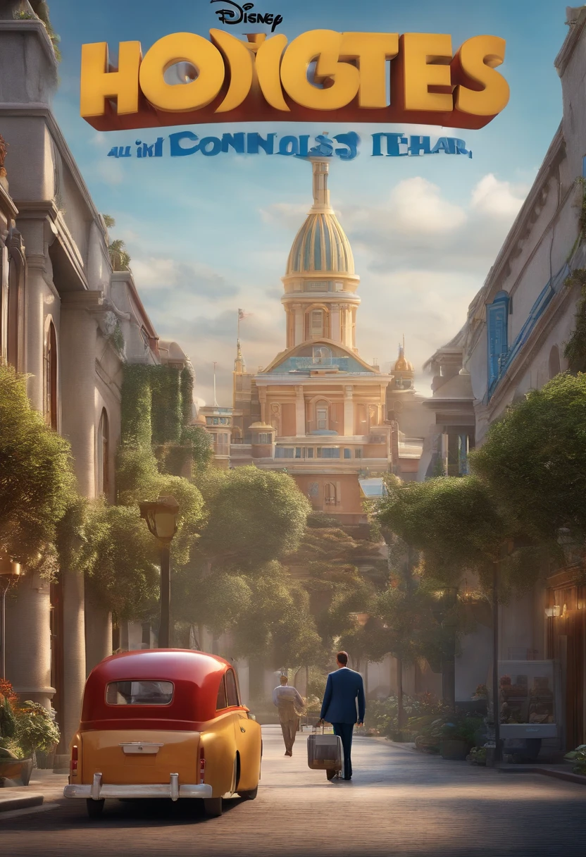 3D poster of the Disney pixar style film with the title “Hai Logistics - A company that Honors, Loves and Innovates” with a man in his 40s in a suit with his hair combed back and the setting is an office with glass windows with look at the ship's port