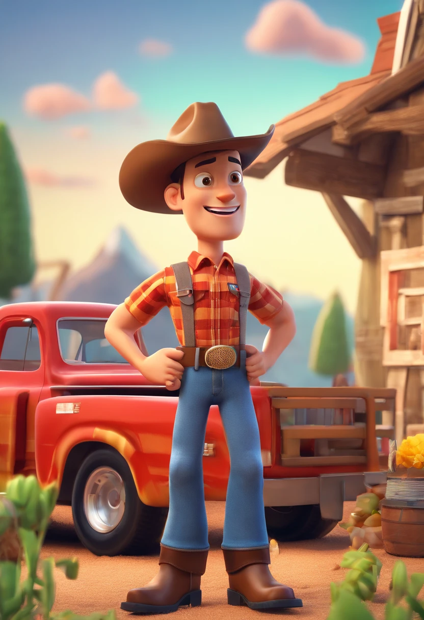 Cartoon character of a man with cowboy hat and a plaid shirt, with musculous body, in the farm with a dodge ram single cab, animation character, animation style rendering, Arnold Maya render, 3 d render stylized, toon render keyshot, 3d rendering stylized.