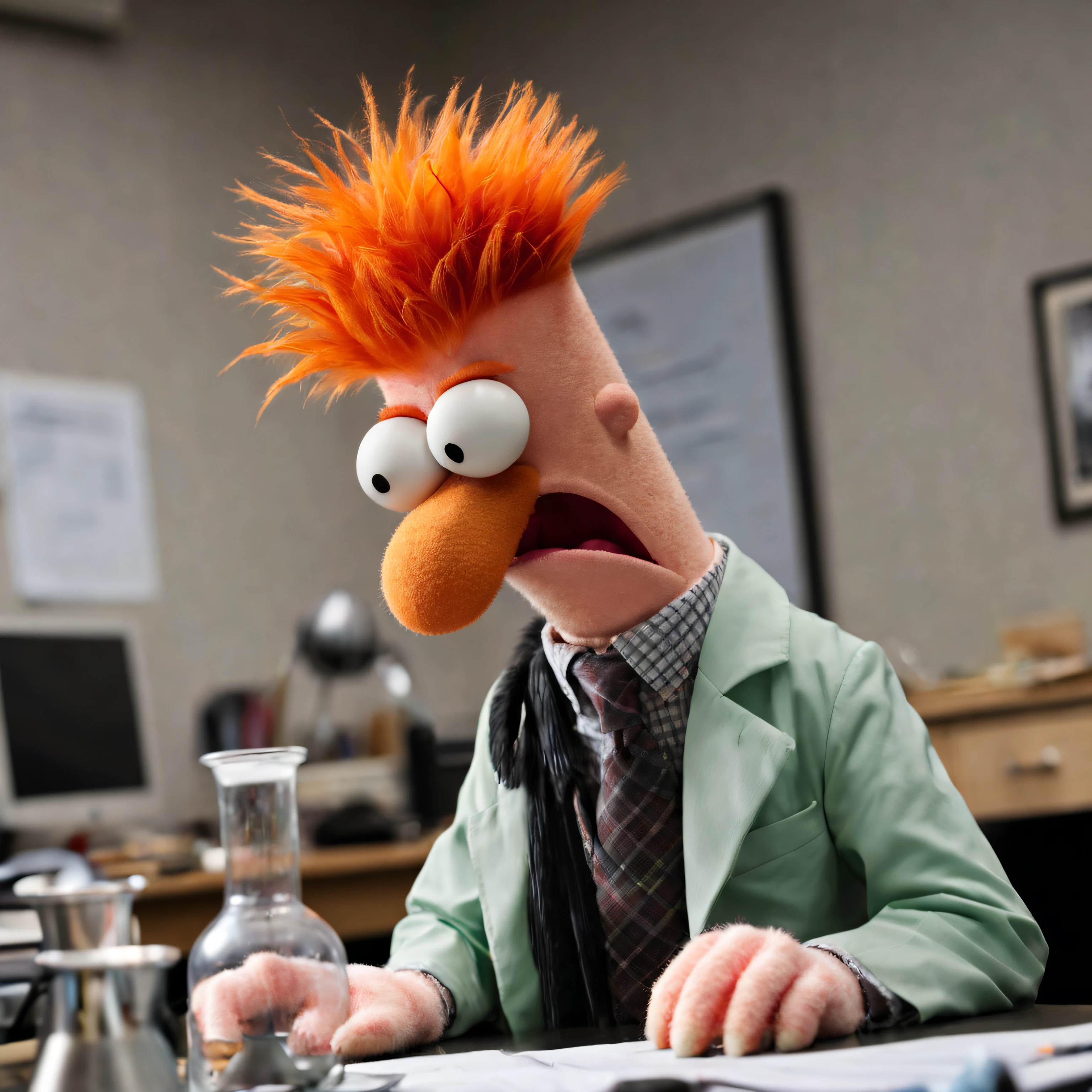 Raw Photography, from front, facing camera,
Portrait of Beaker at table in old office, open mouth, furry,

BeakerLoraXL