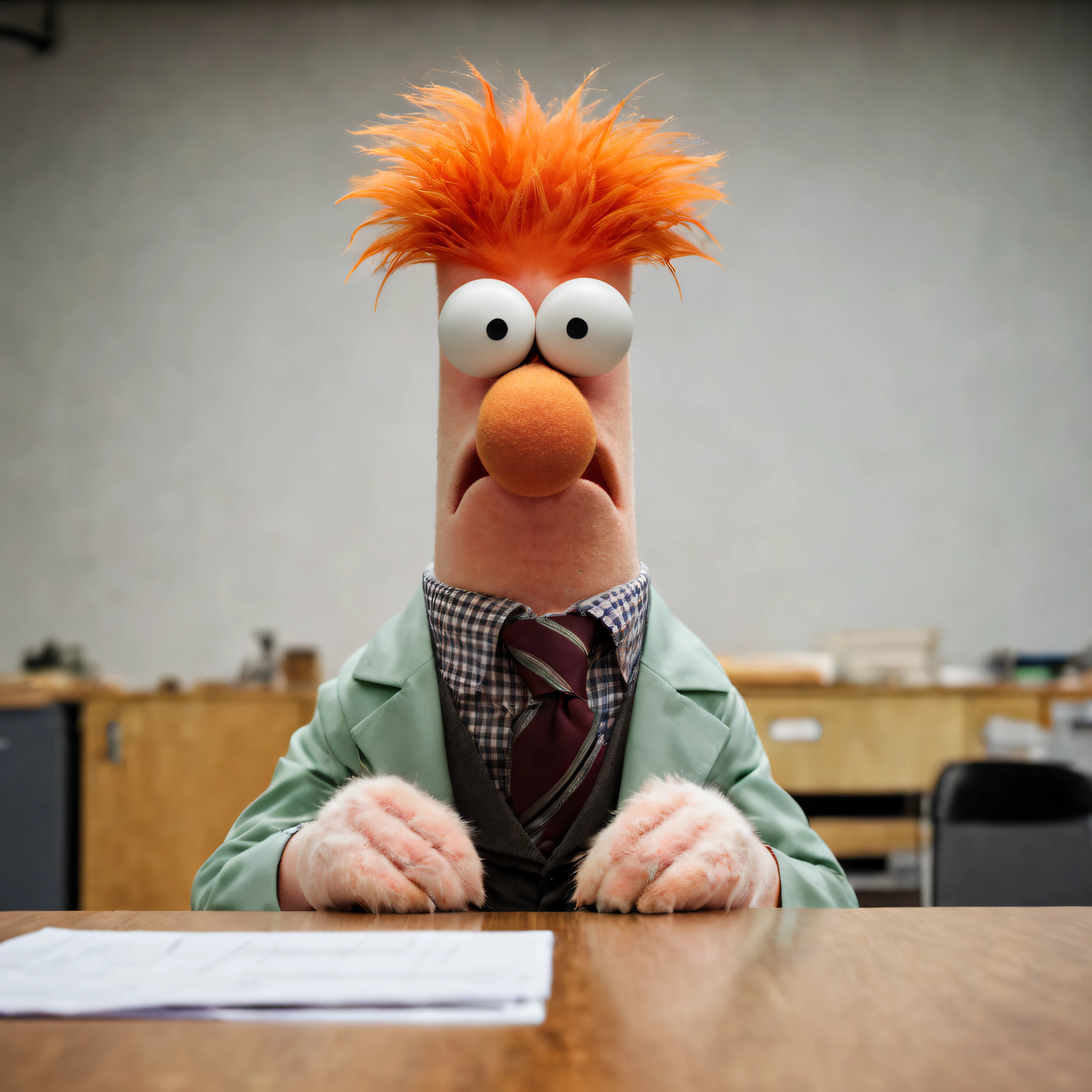 Raw Photography, from front, facing camera,
Portrait of Beaker at table in old office, open mouth, furry,

BeakerLoraXL