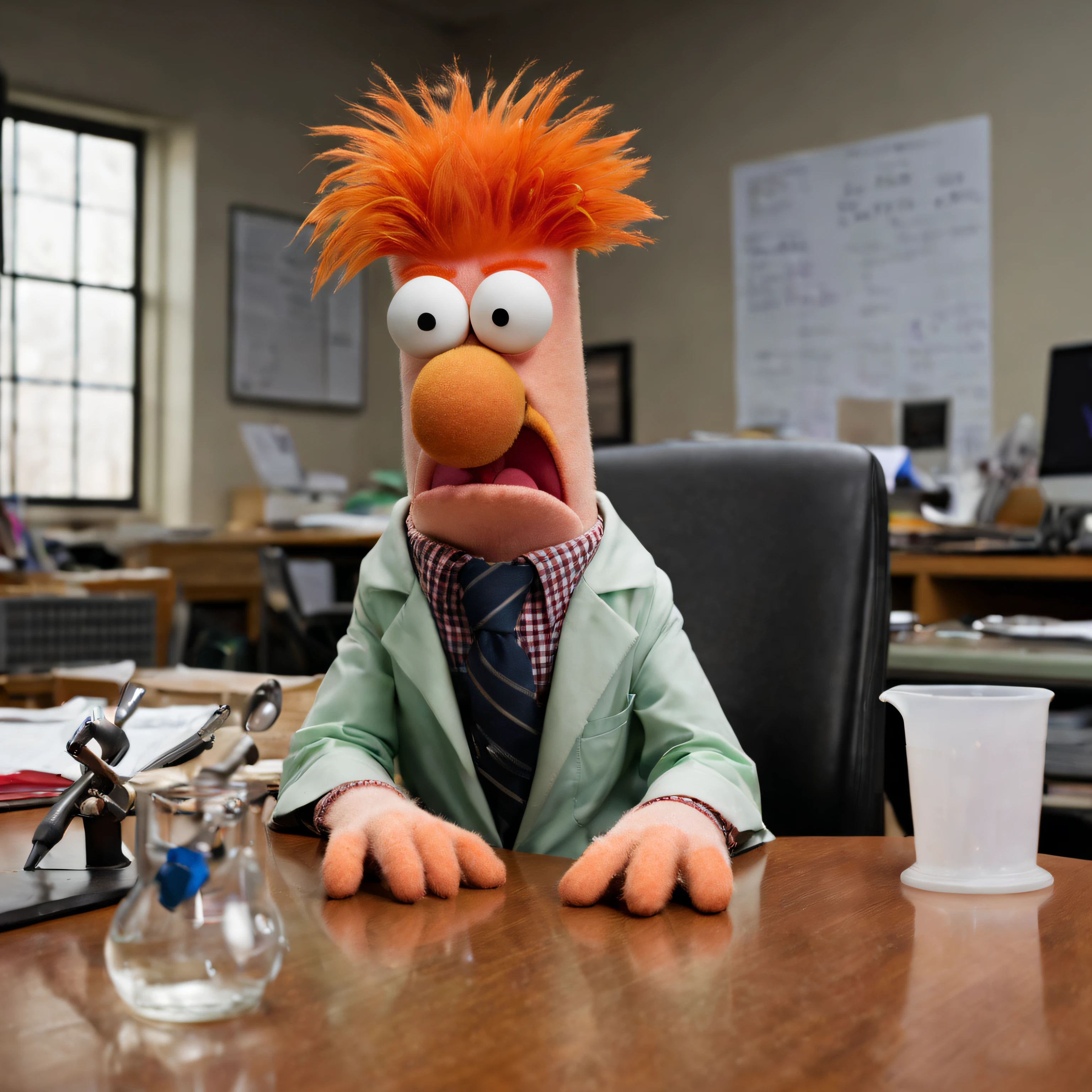 Raw Photography, from front, facing camera,
Portrait of Beaker at table in old office, open mouth, furry,

BeakerLoraXL