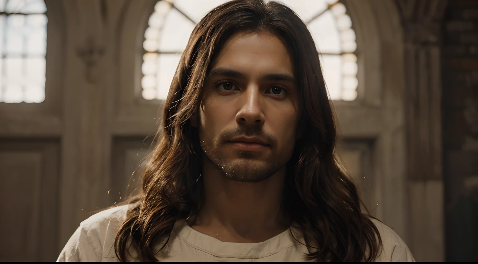 create a high-definition representation of Jesus Christ, com detalhes realistas e uma aura divina. The image should be inspiring and convey serenity and compassion. Make sure the resolution is at least 1920x1080 pixels."