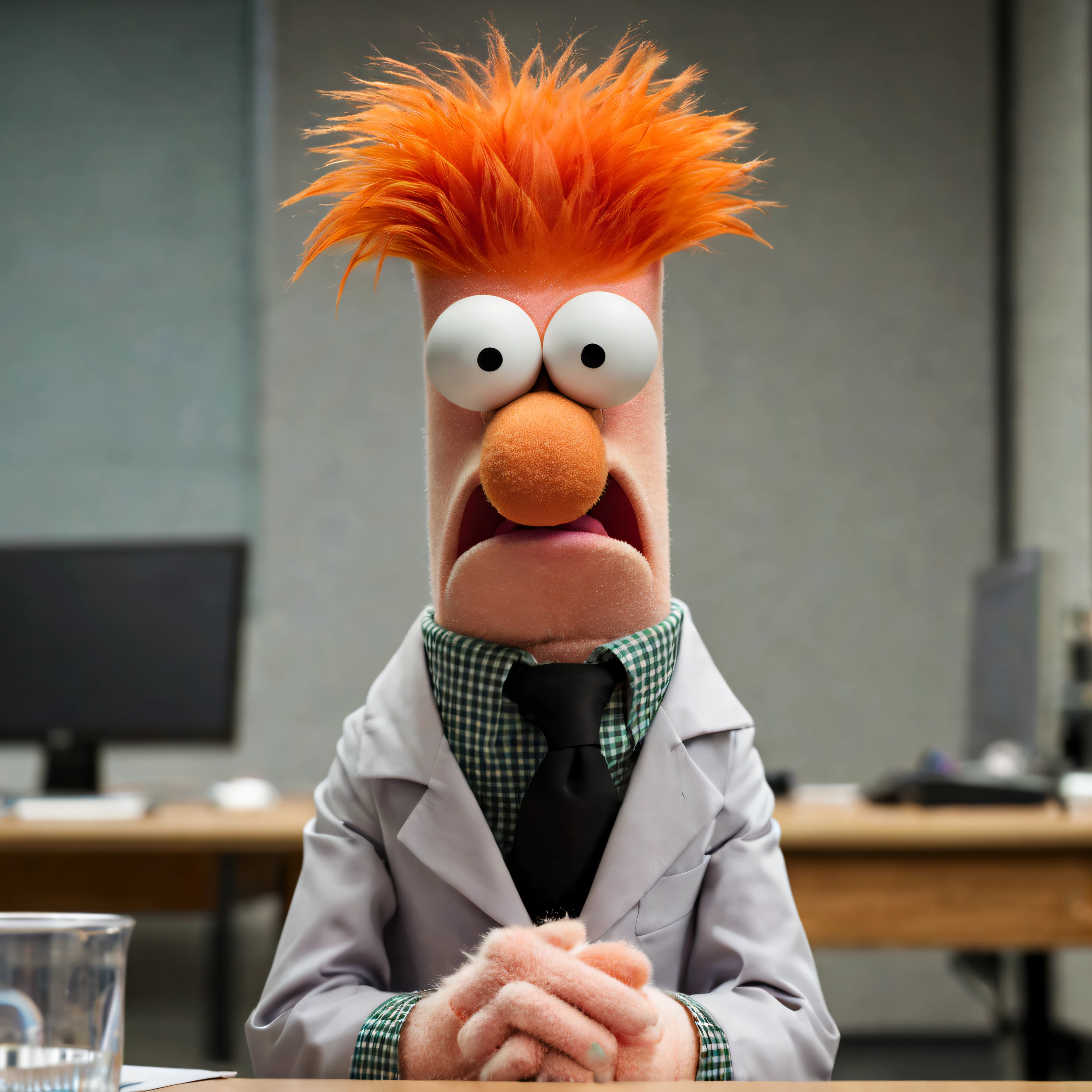 Raw Photography, from front, facing camera,
Portrait of Beaker at table in old office, open mouth, furry,

BeakerLoraXL