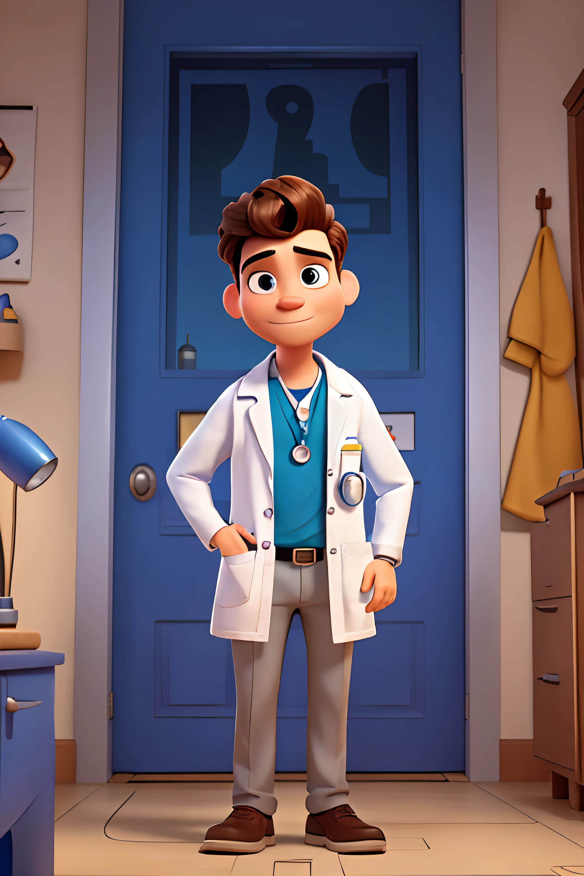 a Disney pixar-inspired movie poster with the title ("The doctor of the future"). (O Doutor do futuro. A doctor of the future in his office in white clothes, cabelo curto e encaracolado e uma barba de lenhador, with a stethoscope around his neck and watch on his right arm) a cena deve estar no distinto estilo de arte digital da Pixar, with a focus on character expressions, Vibrant colors and detailed textures that are characteristic of animations, with the title (Dr. Guilherme)