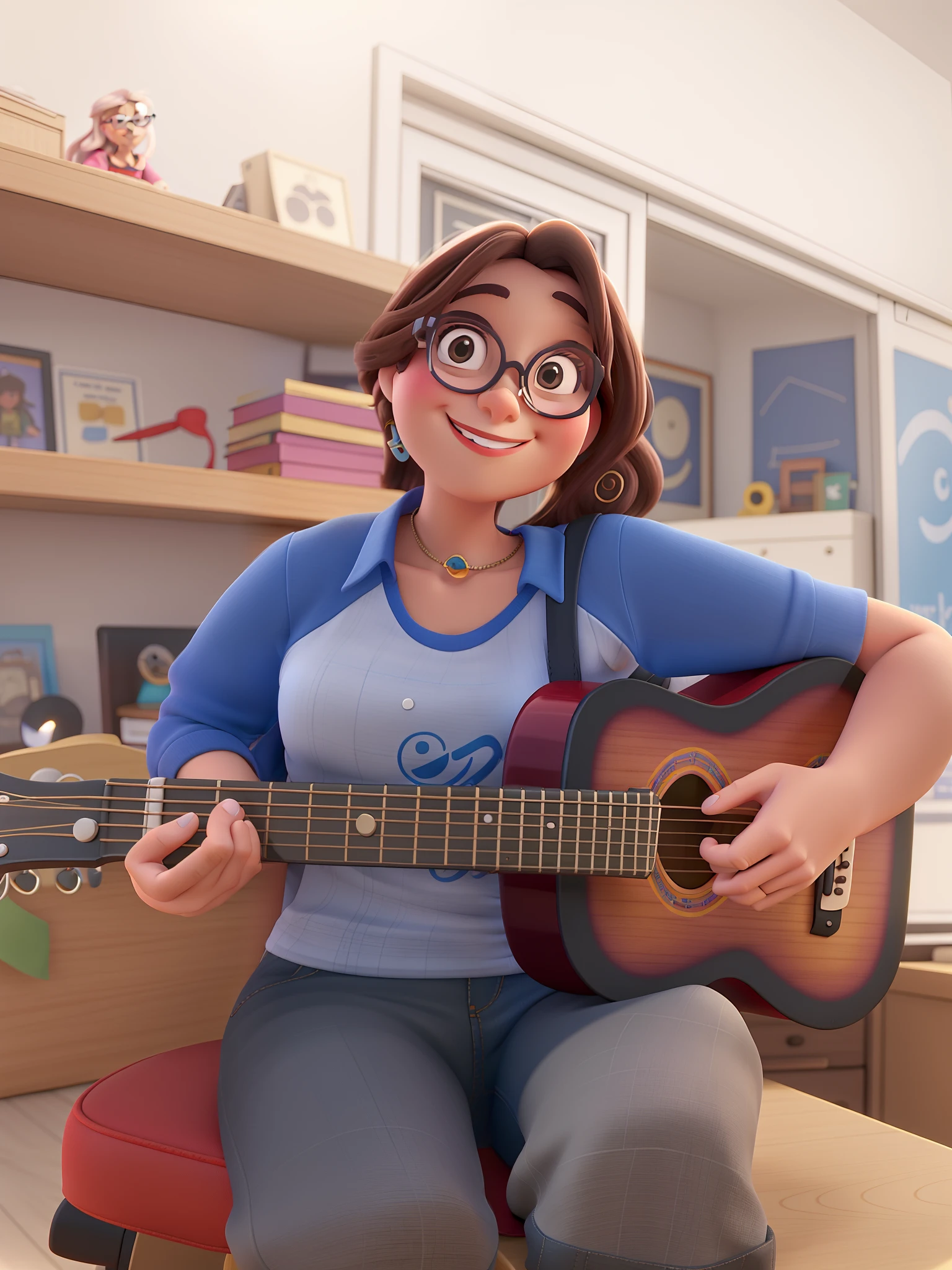 a woman with glasses, Sitting with a guitar, sorrindo, estilo Disney Pixar, alta qualidade, melhor qualidade