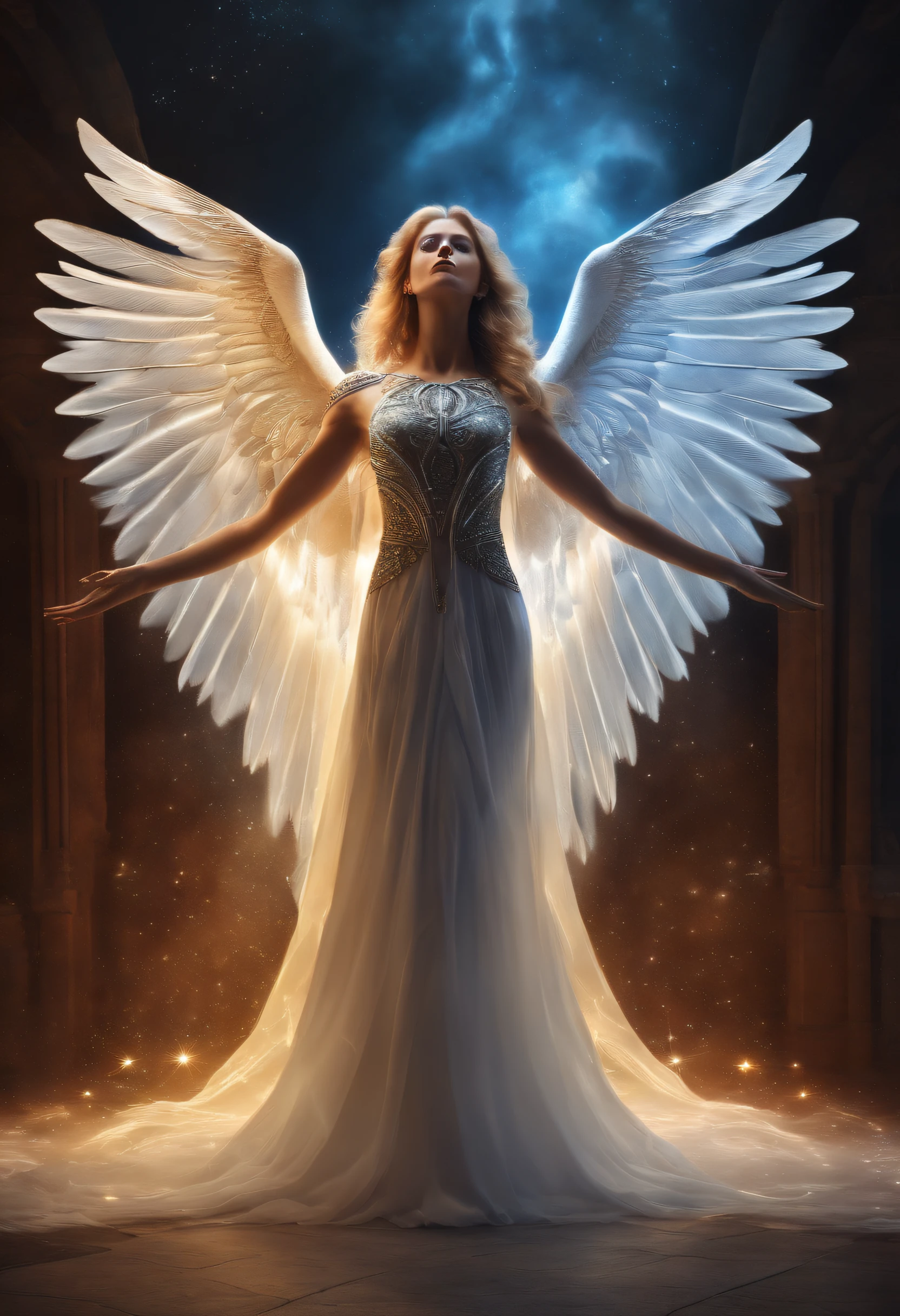 cosmic fallen angel, olhos claros brilhantes, Biomechanicals, estranho, assustador, Pesadelo, cores muito brilhantes, light particles, com luz brilhante, Mshiff, Arte do papel de parede, Papel de parede UHD