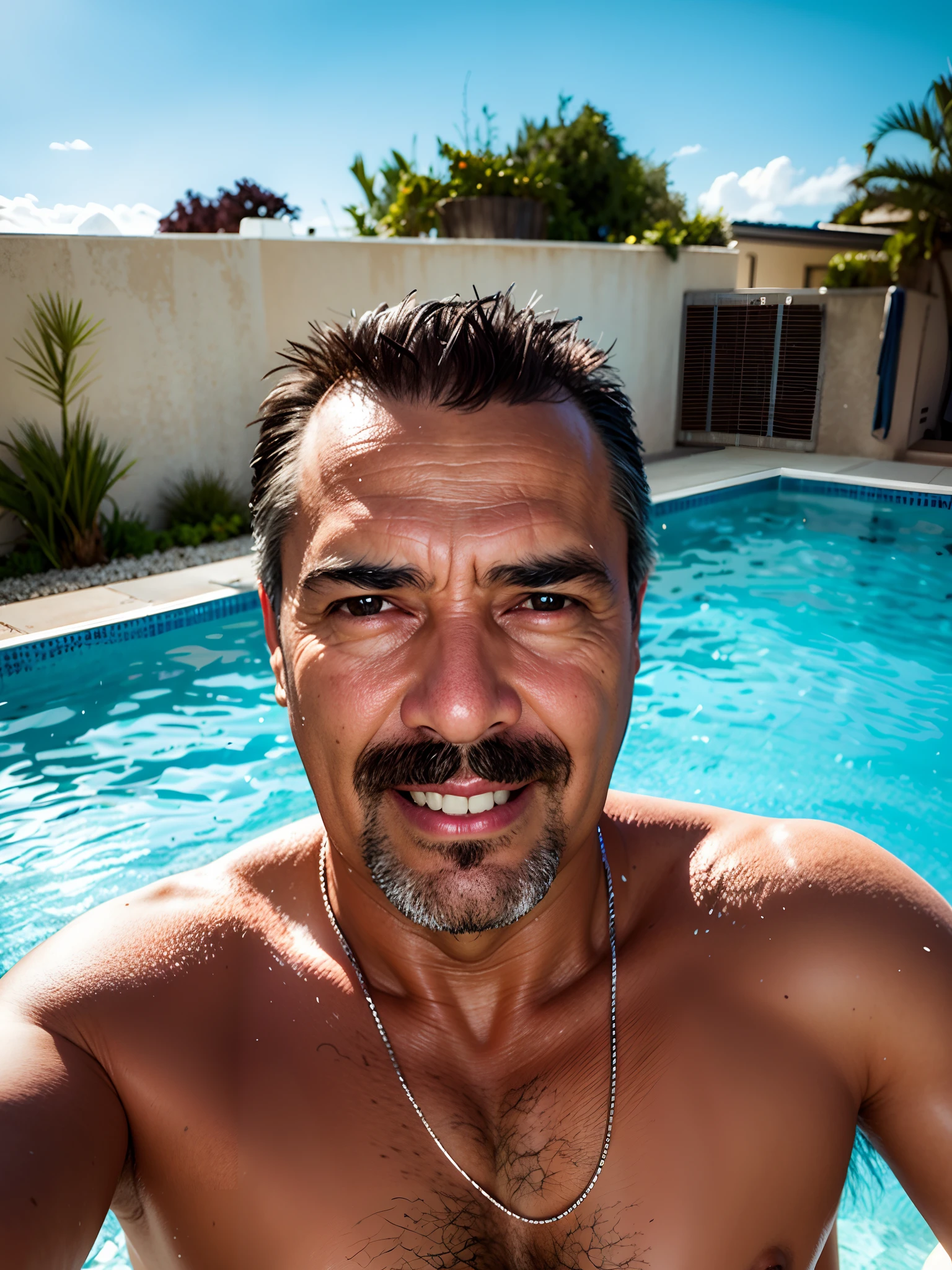 Realistic image, man in front of the pool, without much tanning, age around 40 years