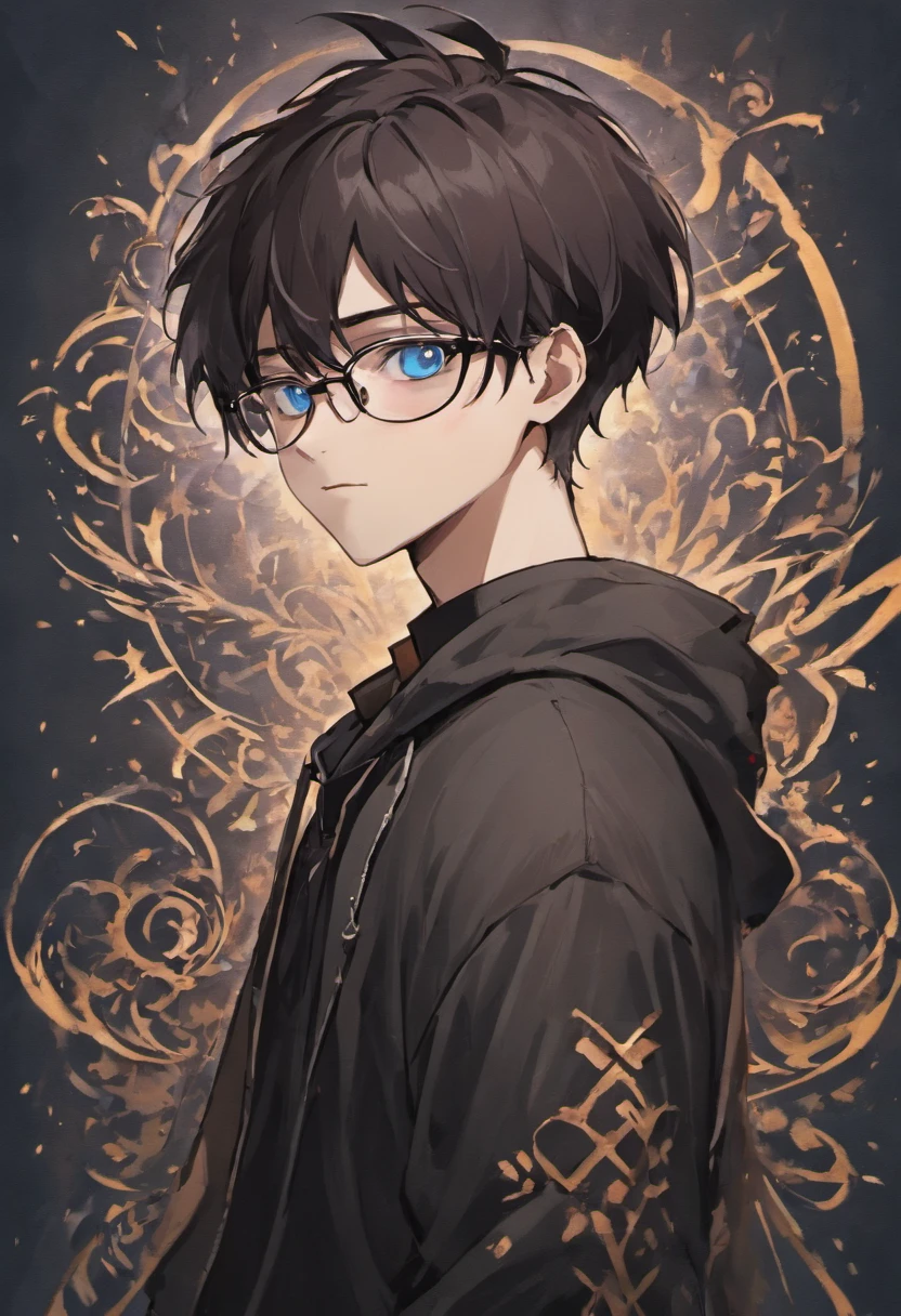 a young man with fair skin, blue eyes, dark hair, ear-length, tattoos and glasses, wearing black clothes