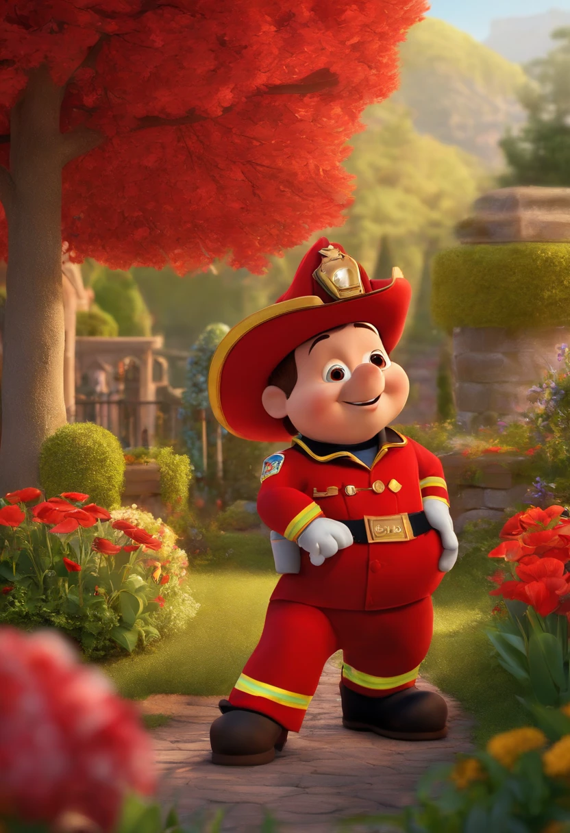 Criar um personagem no estilo disney pixar. o personagem tem 29 anos, Its strong, cabelos curtinhos loiros, olhos azuis, He's wearing a red firefighter's uniform. The setting is a beautiful garden. The scene is opened