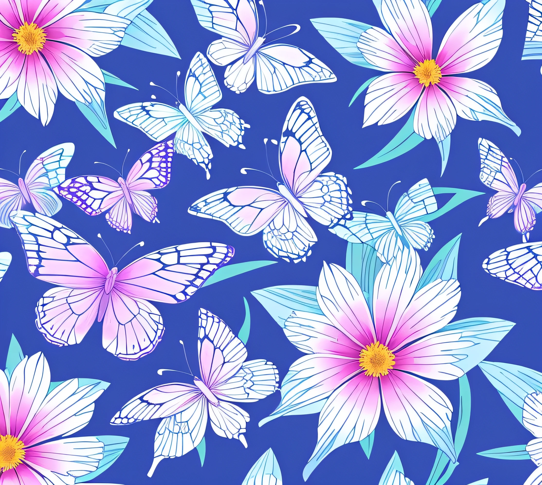 Purple flowers bloom on a blue background,Seamless pattern design,Flowers resemble butterfly wings,There are butterfly prints on it, Graphic print, floral motives, elegant tropical prints, Flowing realistic fabric, detail-rich, details and vivid colors, floa,Aesthetic,Thin and light,The flowers are distributed rhythmically,Flowers are big and small,Butterfly wings,Thin, Translucent wings