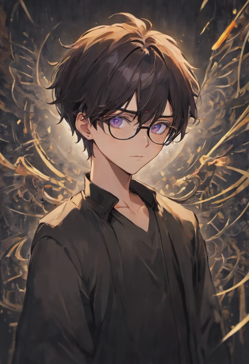 a young man with fair skin, light eyes, dark hair, ear-length, tattoos and glasses, wearing black clothes