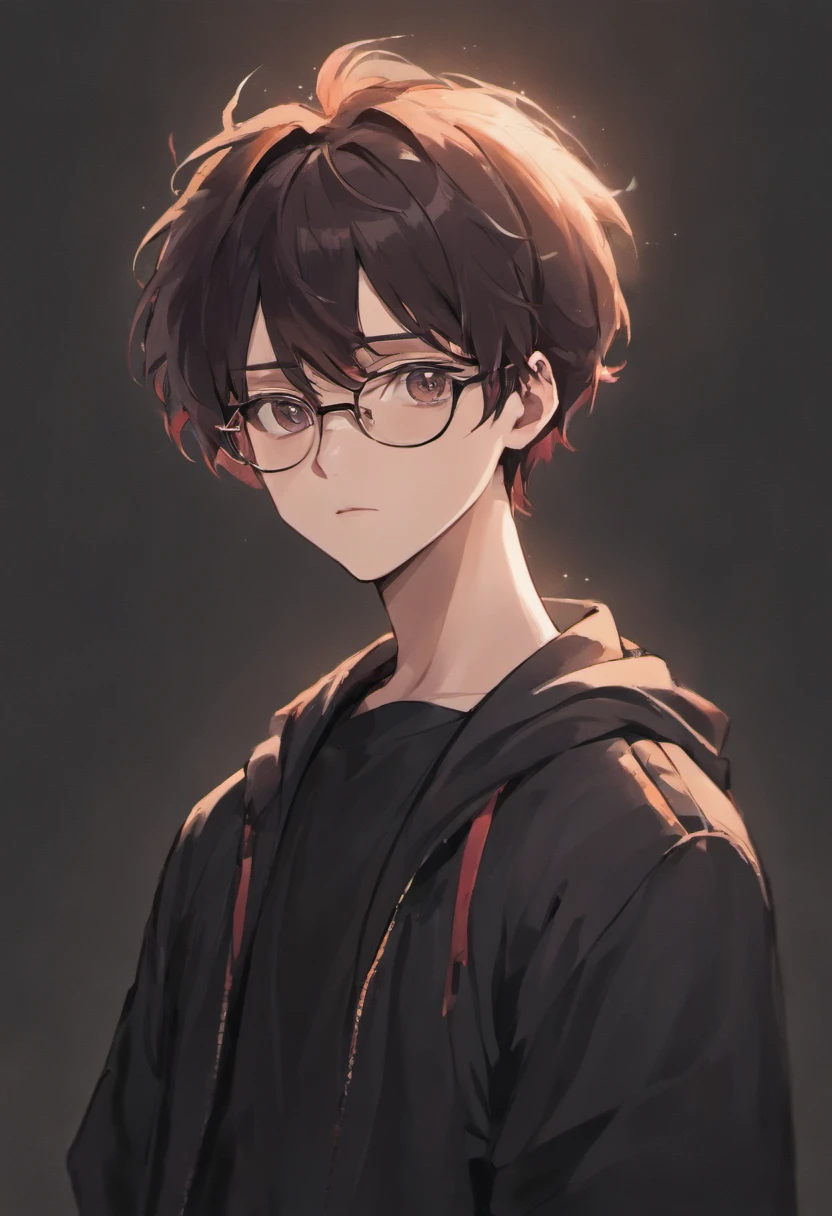 a young man with fair skin, light eyes, dark hair, ear-length, tattoos and glasses, wearing black clothes