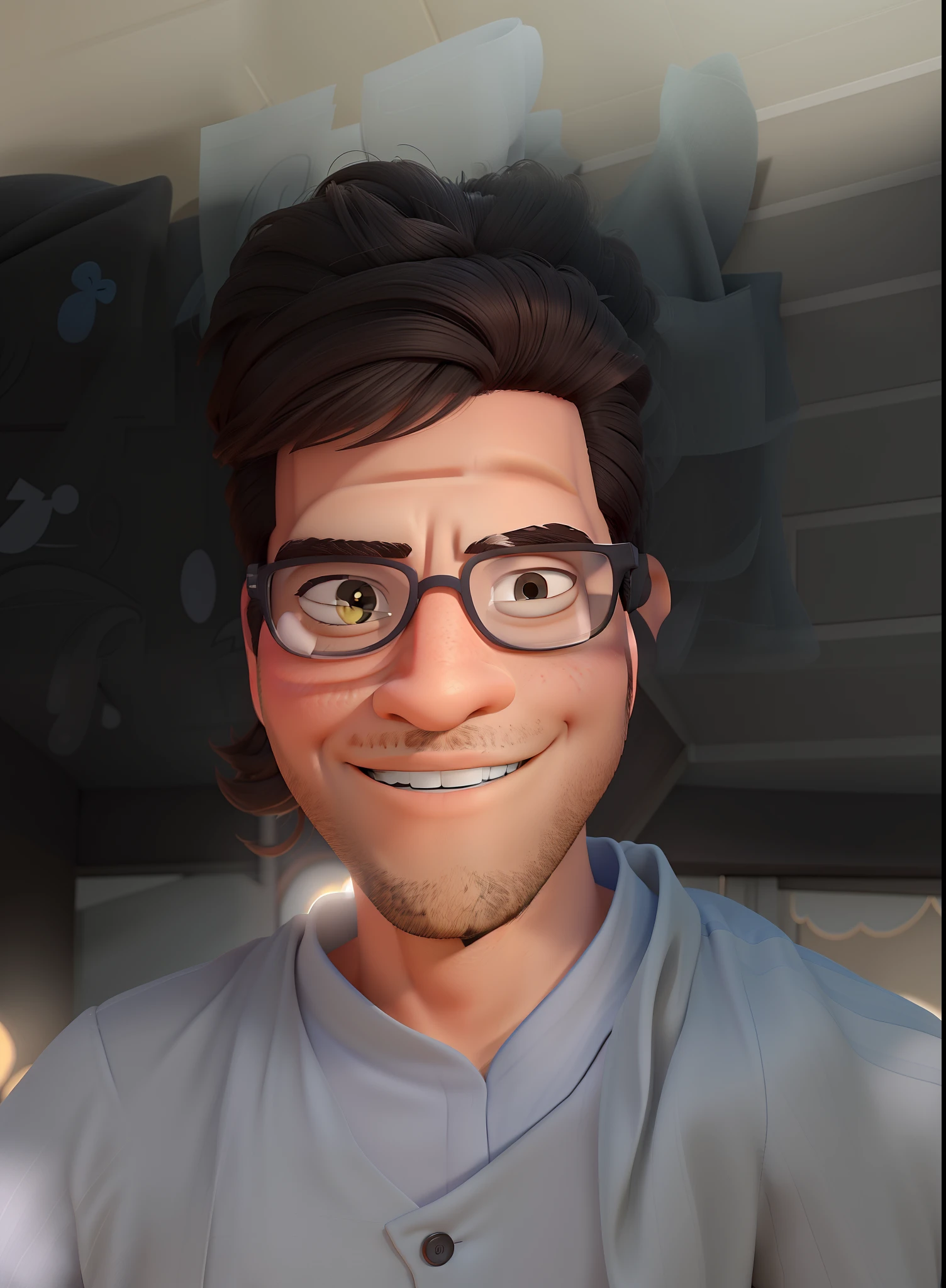Homen Branco com penteado topete, Wearing glasses and a beautiful smile, Estilo Pixar