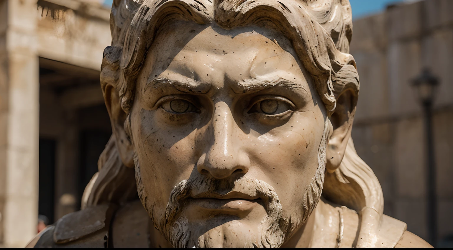 Ancient Stoic Statue With Very Angry Expression, tem barba, muitos detalhes em ambos os olhos, Outside, fundo atenas grego, open sky, com rosto extremamente detalhado full body view, Colors with low saturation with dark tone, Filmado em Sony A7S III com Sony FE 35mm f/1.8, 12.1 MP, --AR 3:2 --estilo cru