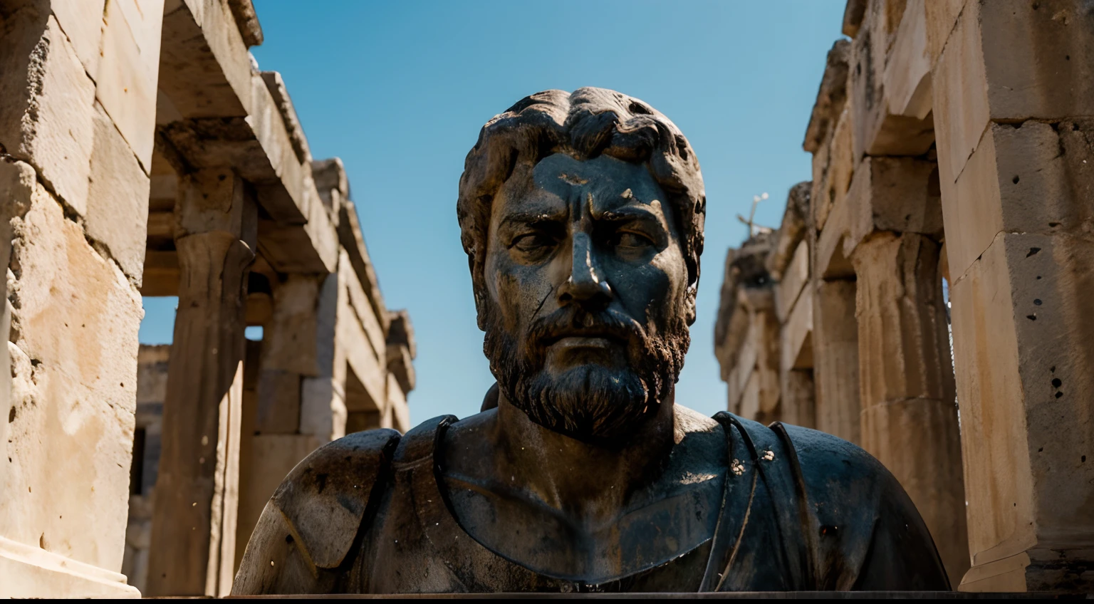 Ancient Stoic Statue With Very Angry Expression, tem barba, muitos detalhes em ambos os olhos, Outside, fundo atenas grego, open sky, com rosto extremamente detalhado full body view, Colors with low saturation with dark tone, Filmado em Sony A7S III com Sony FE 35mm f/1.8, 12.1 MP, --AR 3:2 --estilo cru