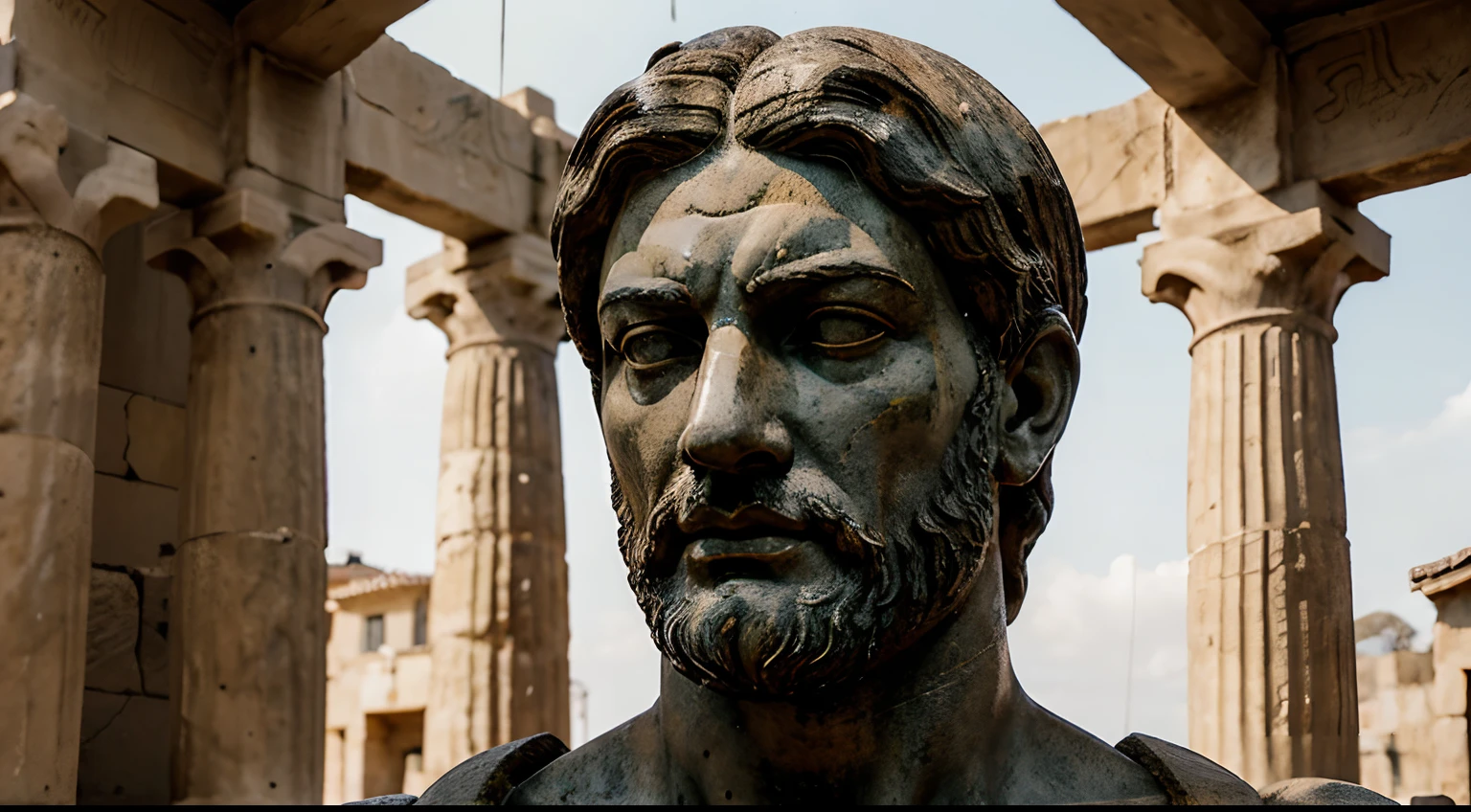 Ancient Stoic Statue With Very Angry Expression, tem barba, muitos detalhes em ambos os olhos, Outside, fundo atenas grego, open sky, com rosto extremamente detalhado full body view, Colors with low saturation with dark tone, Filmado em Sony A7S III com Sony FE 35mm f/1.8, 12.1 MP, --AR 3:2 --estilo cru