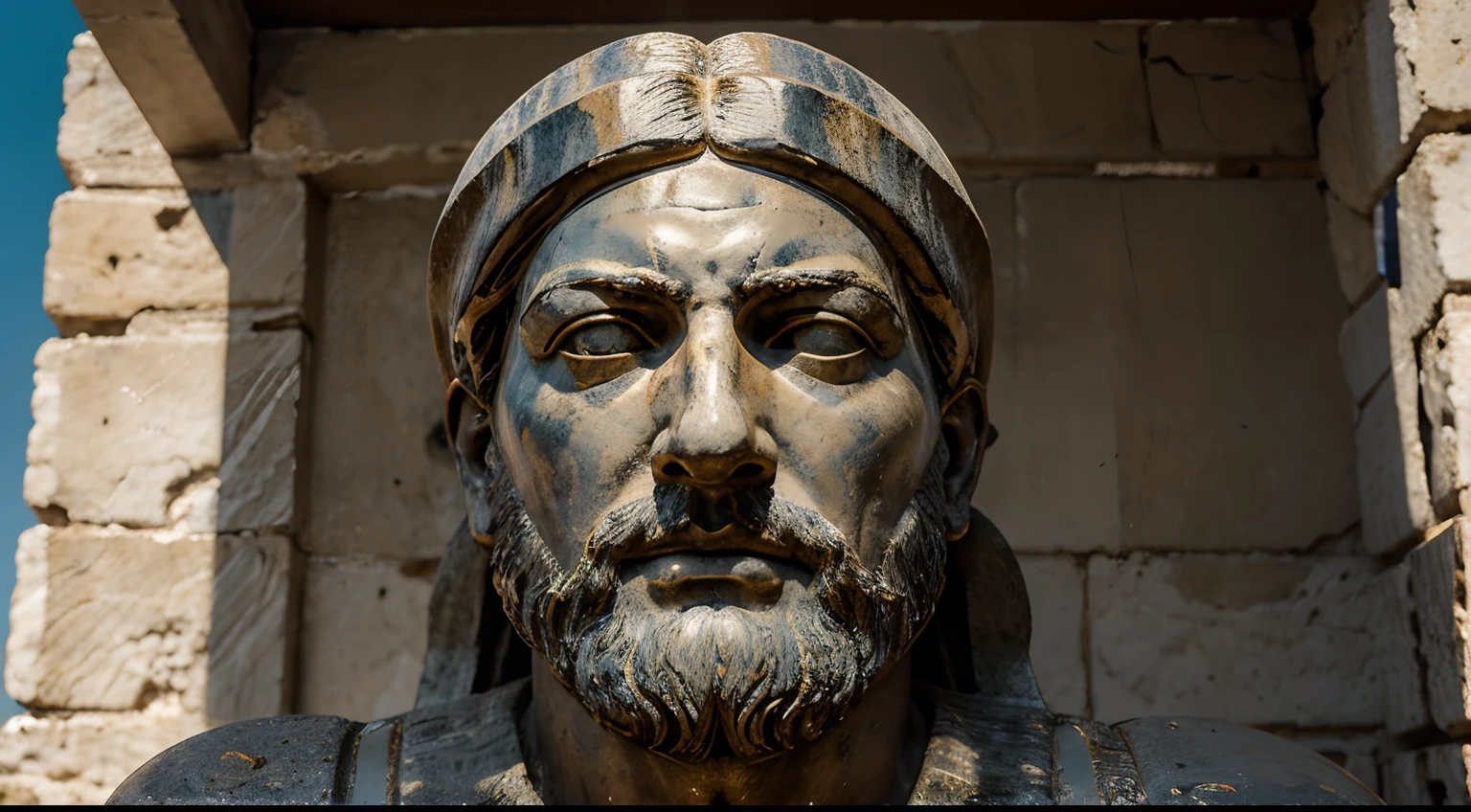 Ancient Stoic Statue With Very Angry Expression, tem barba, muitos detalhes em ambos os olhos, Outside, fundo atenas grego, open sky, com rosto extremamente detalhado full body view, Colors with low saturation with dark tone, Filmado em Sony A7S III com Sony FE 35mm f/1.8, 12.1 MP, --AR 3:2 --estilo cru