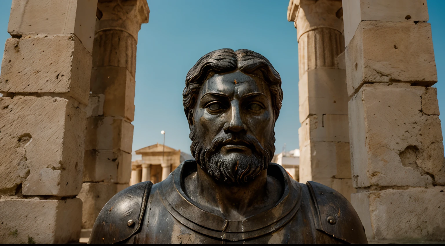 Ancient Stoic Statue With Very Angry Expression, tem barba, muitos detalhes em ambos os olhos, Outside, fundo atenas grego, open sky, com rosto extremamente detalhado full body view, Colors with low saturation with dark tone, Filmado em Sony A7S III com Sony FE 35mm f/1.8, 12.1 MP, --AR 3:2 --estilo cru