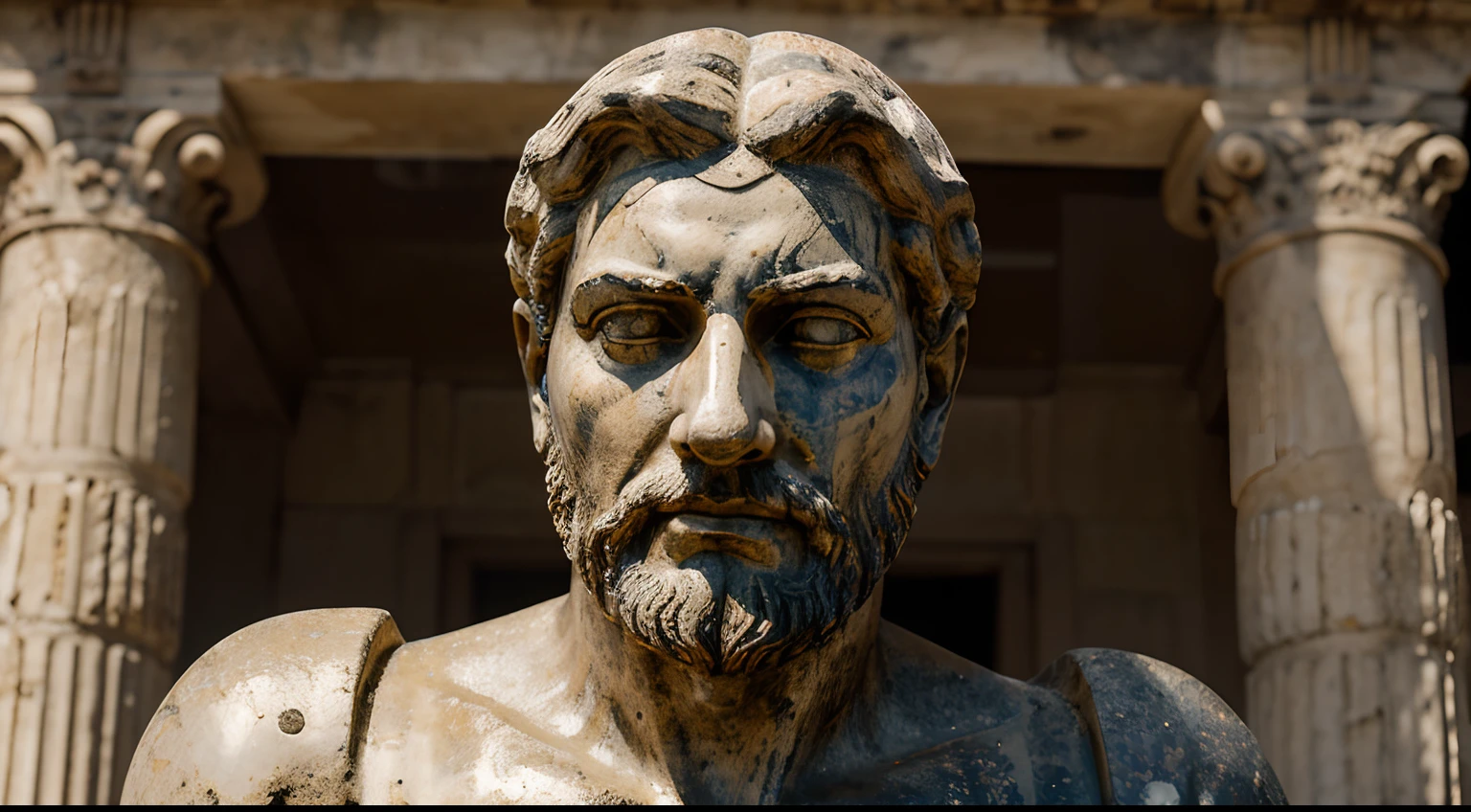 Ancient Stoic Statue With Very Angry Expression, tem barba, muitos detalhes em ambos os olhos, Outside, fundo atenas grego, open sky, com rosto extremamente detalhado full body view, Colors with low saturation with dark tone, Filmado em Sony A7S III com Sony FE 35mm f/1.8, 12.1 MP, --AR 3:2 --estilo cru