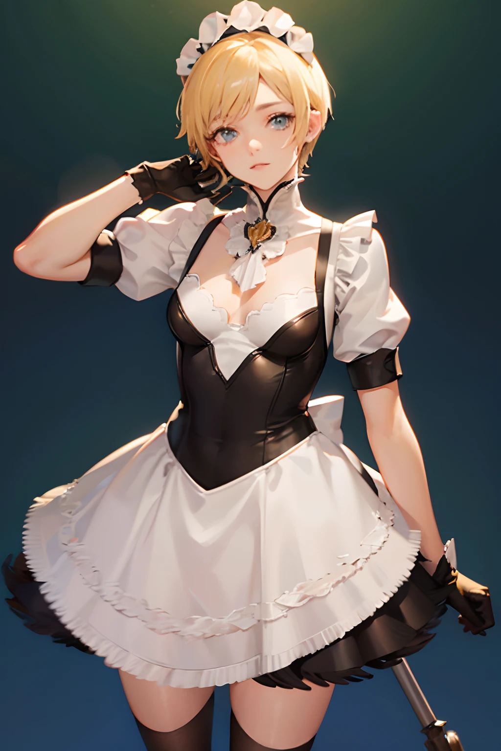 A petite woman with very short blonde hair, wearing a maid outfit with cleaning gloves. Tomboy, 1 girl, maid outfit