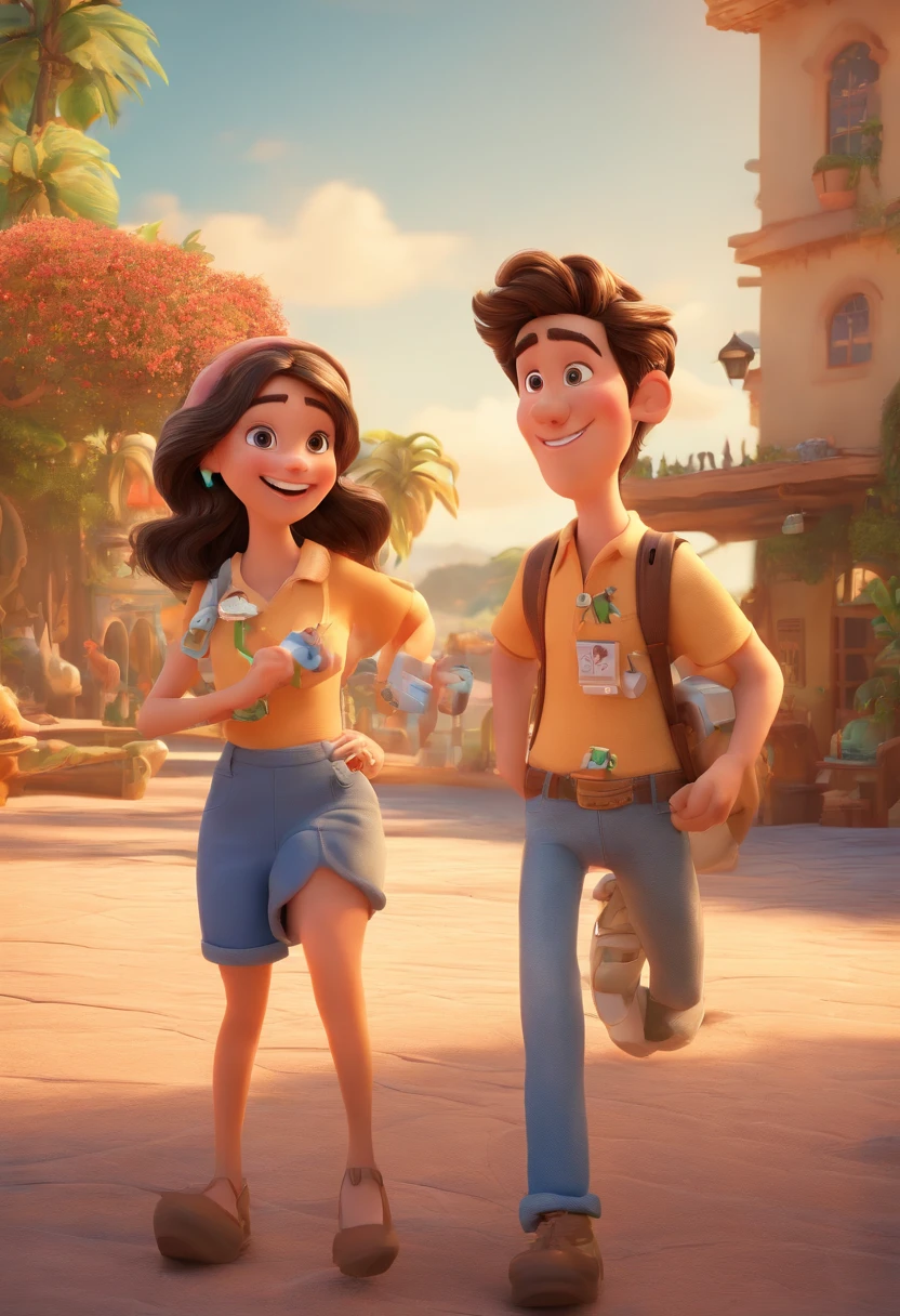 Cartoon of friends having fun on vacation together, 3D Animation Movie Poster, Poster de filme animado, pixar 3 d animation style, pixar renderman rendering, maia 8 mil, animated film, Disney Pixar Estilo 3D, amigos felizes saem juntos, all wearing light blue shirts and cream brown long pants, camisa azul clara, cream brown pants, ao ar livre, vacation, Disney Pixar Animation Poster