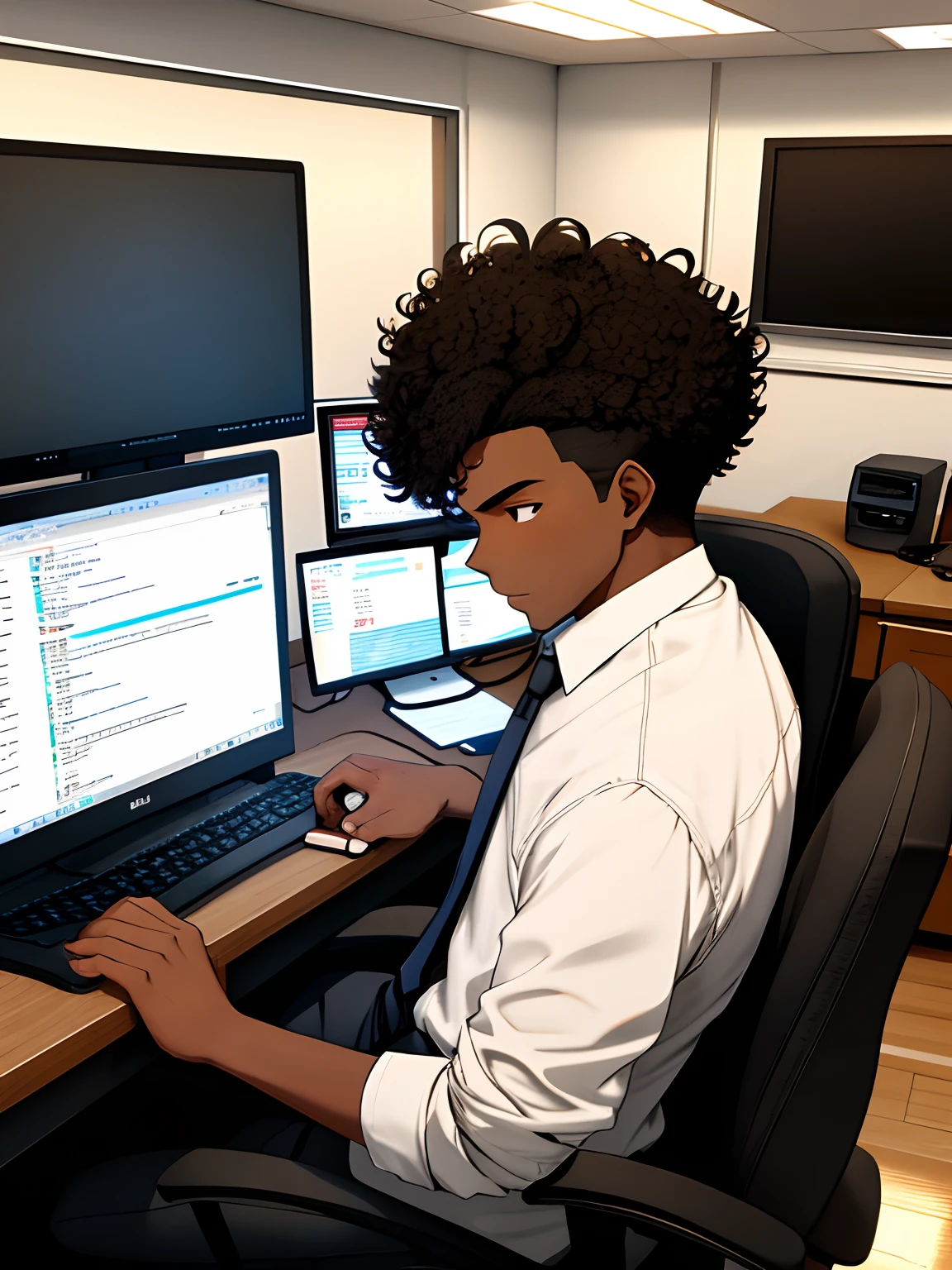 A 25-year-old boy, desk, computer, code, with the color of dark skin, brown, short curly hair