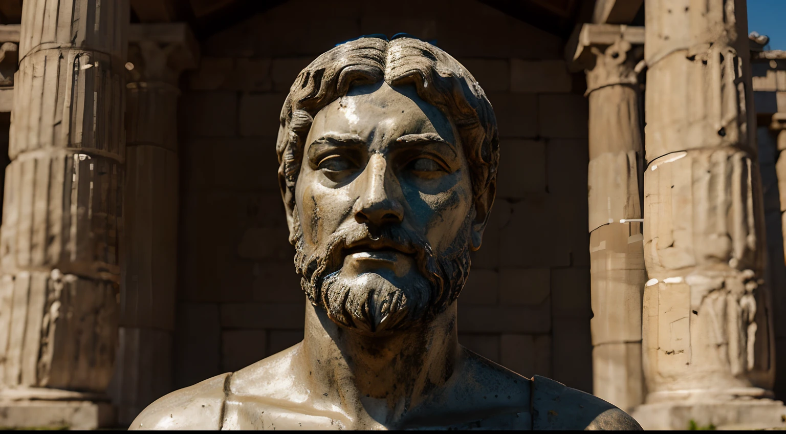 Ancient Stoic Statue With Very Angry Expression, tem barba, muitos detalhes em ambos os olhos, Outside, fundo atenas grego, open sky, com rosto extremamente detalhado full body view, Colors with low saturation with dark tone, Filmado em Sony A7S III com Sony FE 35mm f/1.8, 12.1 MP, --AR 3:2 --estilo cru