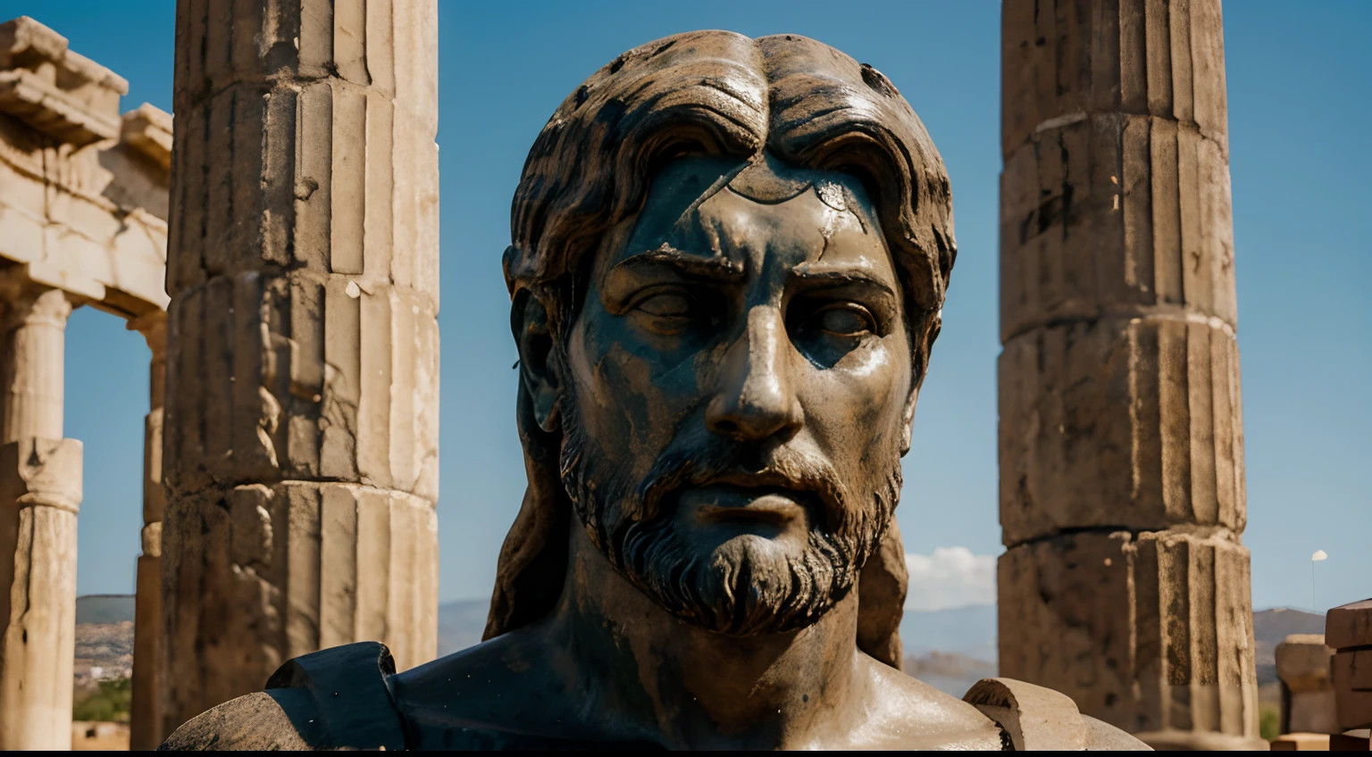 Ancient Stoic Statue With Very Angry Expression, tem barba, muitos detalhes em ambos os olhos, Outside, fundo atenas grego, open sky, com rosto extremamente detalhado full body view, Colors with low saturation with dark tone, Filmado em Sony A7S III com Sony FE 35mm f/1.8, 12.1 MP, --AR 3:2 --estilo cru