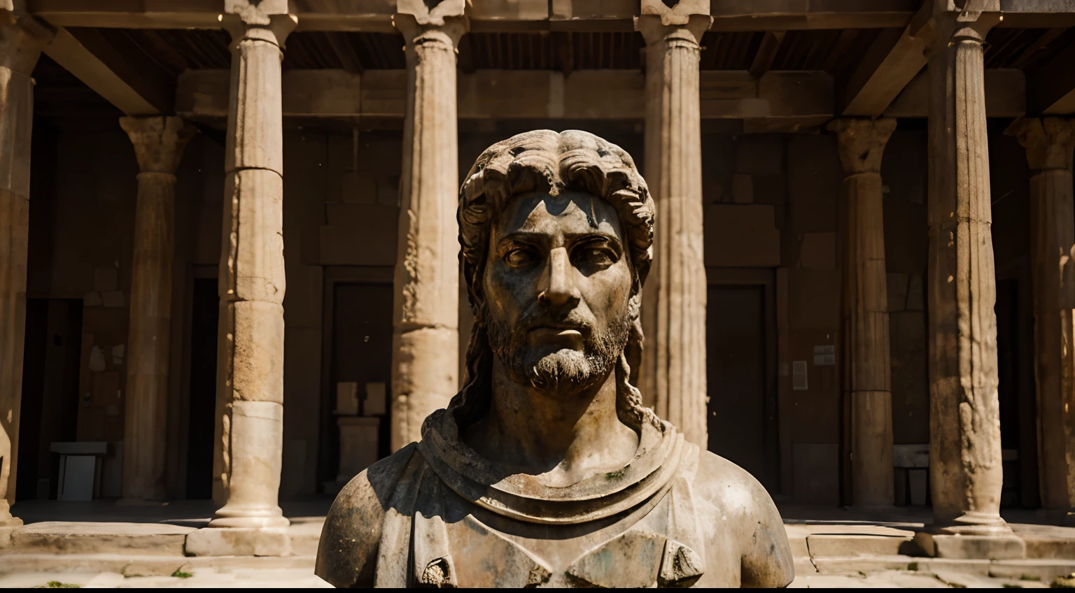 Ancient Stoic Statue With Very Angry Expression, tem barba, muitos detalhes em ambos os olhos, Outside, fundo atenas grego, open sky, com rosto extremamente detalhado full body view, Colors with low saturation with dark tone, Filmado em Sony A7S III com Sony FE 35mm f/1.8, 12.1 MP, --AR 3:2 --estilo cru