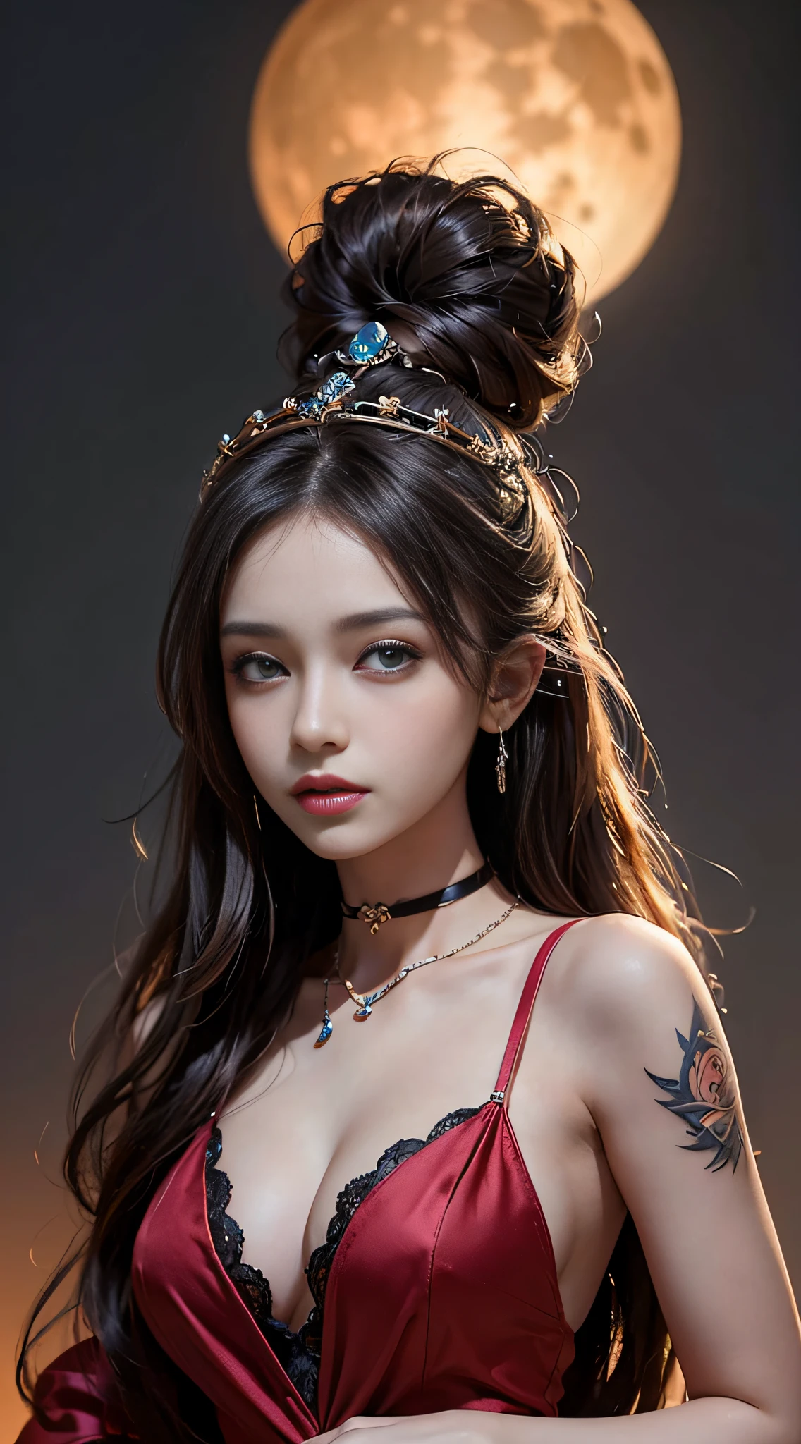 ((masterpiece:1.4)、(top-quality:1.4)、(reallistic:1.7))、masuter piece:1.4、(Top-of-the-line rendering:1.4)、Ultra-realistic portrait of a beautiful Martian queen、Super beautiful girl queen、((1girl in:1.4))、Shiny natural skin texture、(Gorgeous Brilliant Queen Costume:1.4)、(An outfit that emphasizes beautiful breasts:1.4)、age19、(Cute tattoos:1.4)、(Perfect female body:1.4)、Portrait photo of a girl、(standingn:1.4)、(Upper body photo:1.4)、Fantasyart、Soft front light、beautiful countenance、Beautiful udder、large full breasts:1.2、Sexy ass、A detailed eye、Beautiful and attractive eyes、beautidful eyes、Narrow waist、beauty legs、Raw photo、red-lips、Red high heels、(tiarra:1.4、a choker:1.4、a necklace:1.4、耳Nipple Ring:1.4)、1 screen display、Under the Martian Moon、A super beautiful queen standing in the square of the royal palace