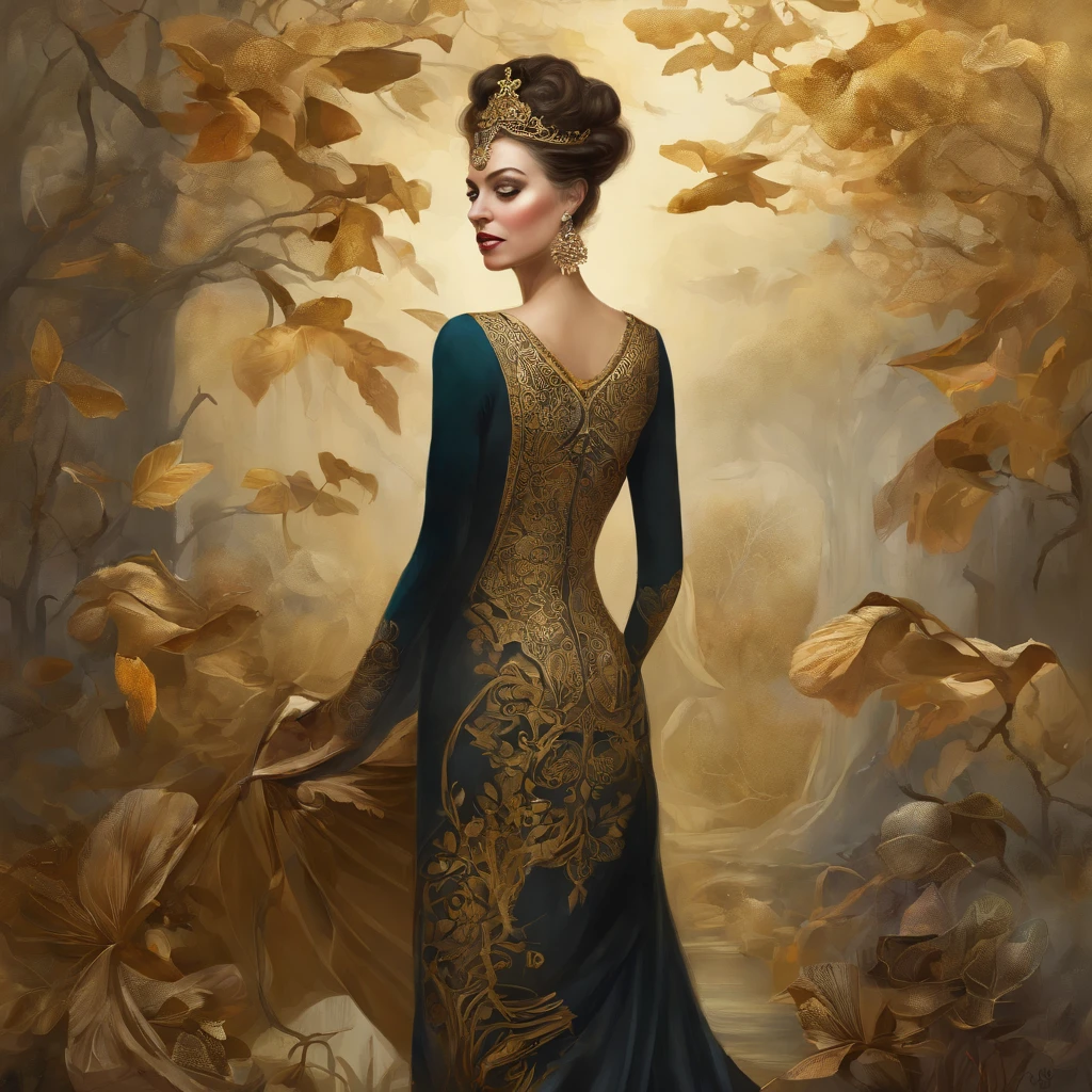 uma pintura de uma mulher com um cocar dourado e um vestido preto, Mucha Klimt e Tom Bagshaw, WLOP complexo, exquisite digital illustration, Bel arte UHD 4K, Arte digital altamente detalhada em 4k, stunning digital illustration, karol bak uhd, uma bela imperatriz fantasia, Jen Bartel, pintura detalhada 4K, Arte digital detalhada em 4k