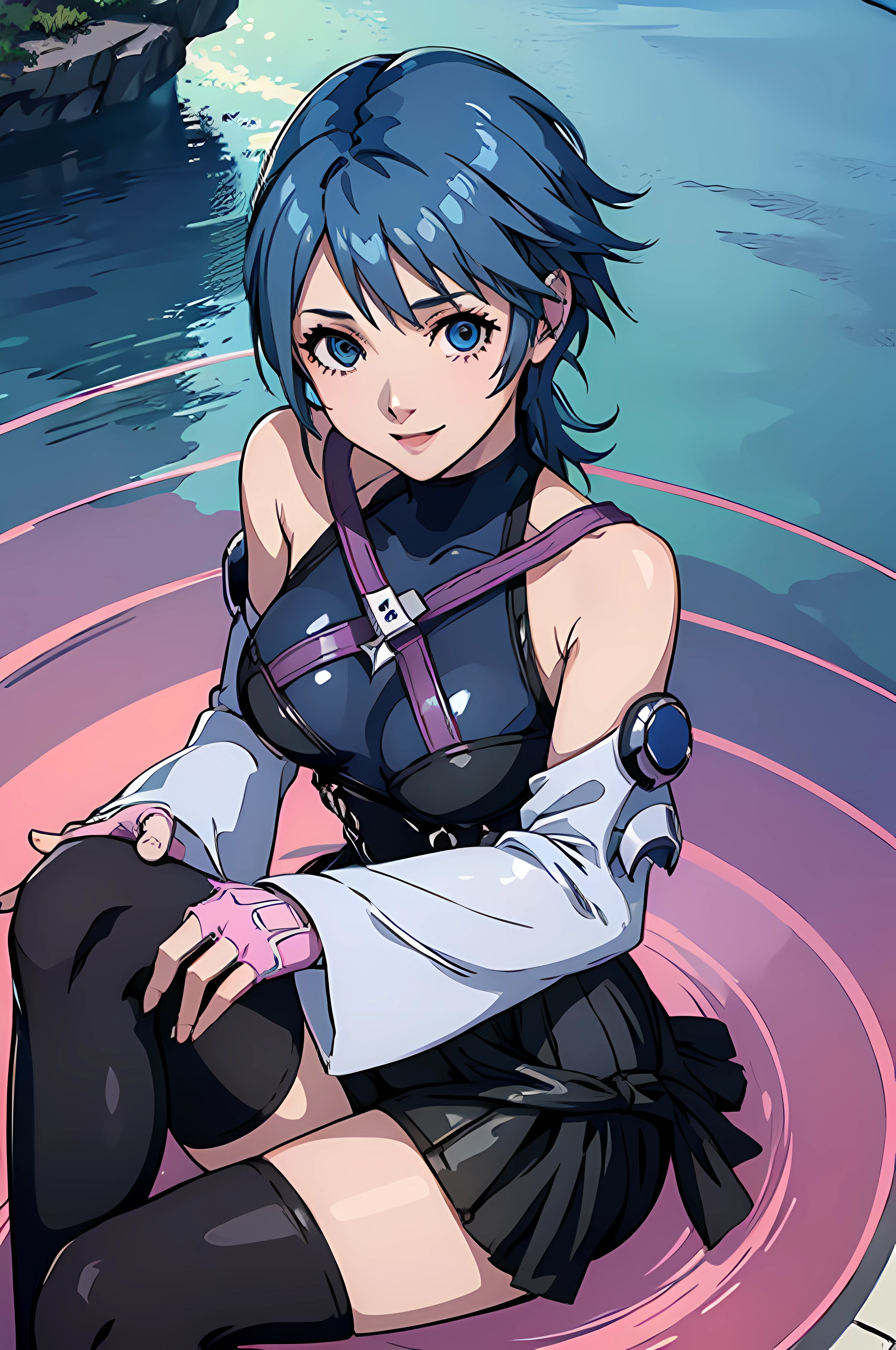 aaaqua, 1girl, absurdres, masterpiece, blue eyes, blue hair, breasts, pink chest strap, elbow gloves, gloves, highres, (skirt), (kingdom hearts), looking at viewer, transparent water floor, smile, solo, clear sky, open field, empty background, wide sleeves, medium breasts, detatched sleeves, black shorts , fingerless gloves, light background, (thighhighs), sitting on the floor, view from the above, dymanic view