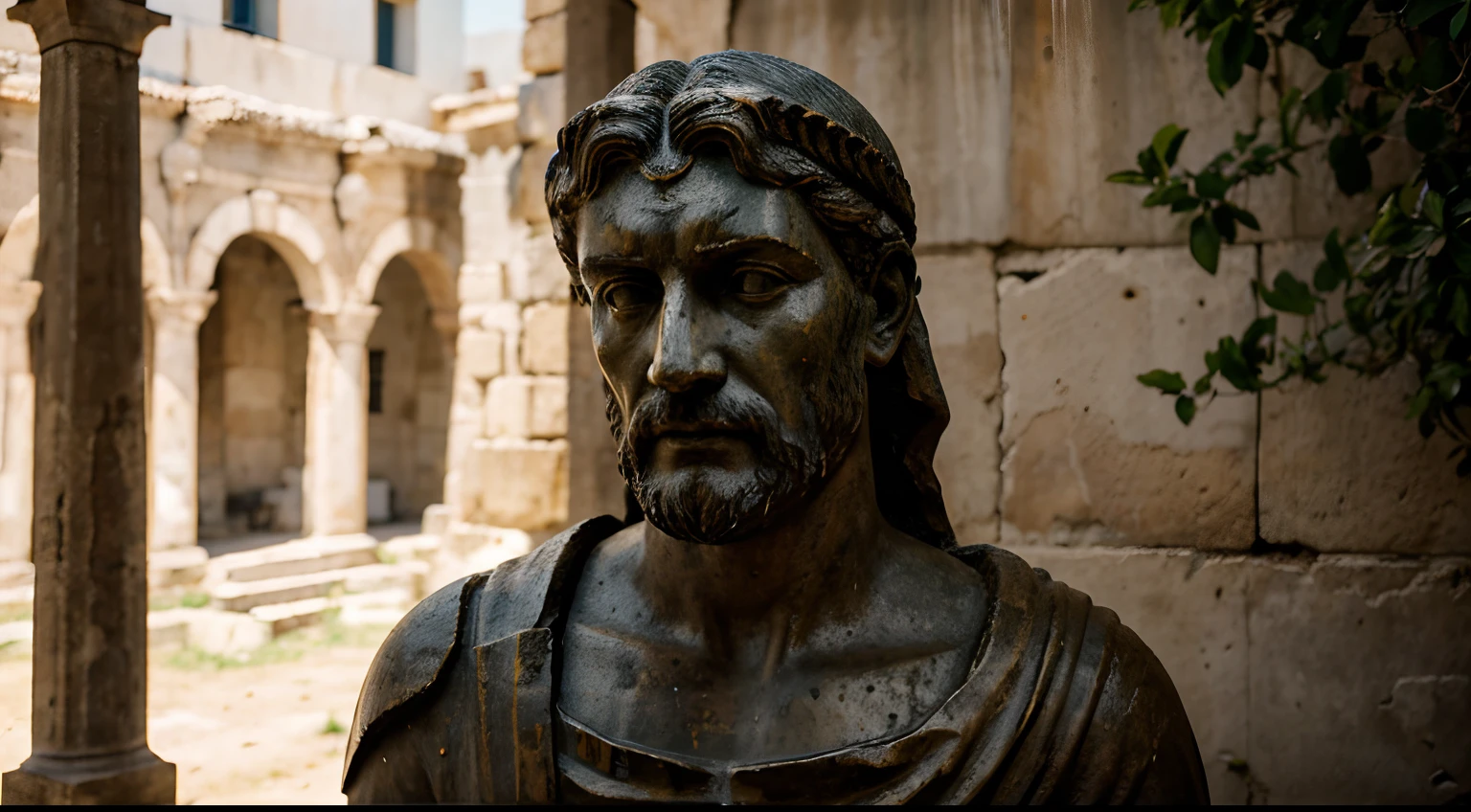 Ancient Stoic Statue With Very Angry Expression, tem barba, muitos detalhes em ambos os olhos, Outside, fundo atenas grego, open sky, com rosto extremamente detalhado full body view, Colors with low saturation with dark tone, Filmado em Sony A7S III com Sony FE 35mm f/1.8, 12.1 MP, --AR 3:2 --estilo cru