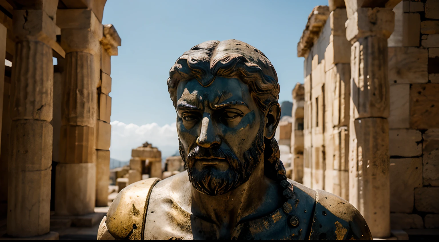 Ancient Stoic Statue With Very Angry Expression, tem barba, muitos detalhes em ambos os olhos, Outside, fundo atenas grego, open sky, com rosto extremamente detalhado full body view, Colors with low saturation with dark tone, Filmado em Sony A7S III com Sony FE 35mm f/1.8, 12.1 MP, --AR 3:2 --estilo cru