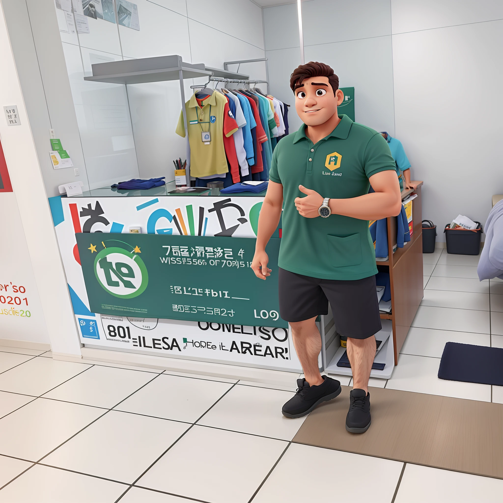 Um homem loiro parado em frente a sua loja de roupas