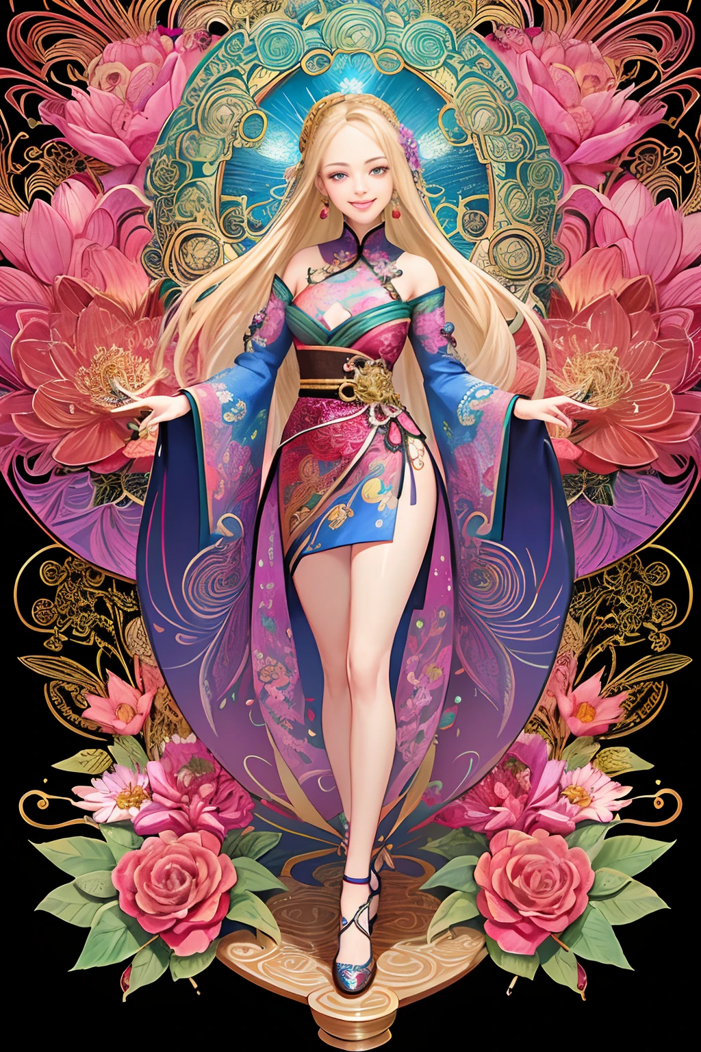 blonde smiling happy smiling similar to Amanda Seyfried, full body (masterpiece, top quality, best quality, official art, beautiful and aesthetic:1.2), (1girl:1.3), extremely detailed,(fractal art:1.1),(colorful:1.1)(flowers:1.3),highest detailed,(zentangle:1.2), (dynamic pose), (abstract background:1.3), (chinese Traditional cloth:1.2), (shiny skin), (many colors:1.4), ,(earrings:1.4),
