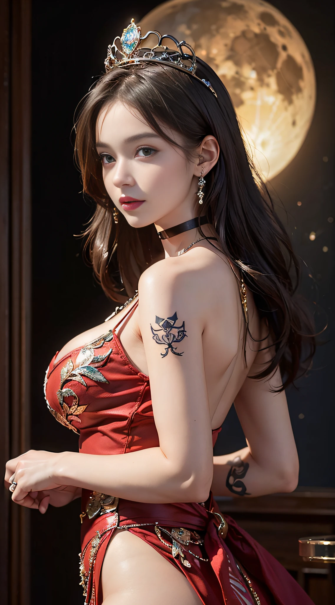 ((masterpiece:1.4)、(top-quality:1.4)、(reallistic:1.7))、masuter piece:1.4、(Top-of-the-line rendering:1.4)、Ultra-realistic portrait of a beautiful Martian queen、Super beautiful girl queen、((1girl in:1.4))、Shiny natural skin texture、(Gorgeous Brilliant Queen Costume:1.4)、(An outfit that emphasizes beautiful breasts:1.4)、age19、(Cute tattoos:1.4)、(Perfect female body:1.4)、Portrait photo of a girl、(standingn:1.4)、(Upper body photo:1.4)、Fantasyart、Soft front light、beautiful countenance、Beautiful udder、large full breasts:1.2、Sexy ass、A detailed eye、Beautiful and attractive eyes、beautidful eyes、Narrow waist、beauty legs、Raw photo、red-lips、Red high heels、(tiarra:1.4、a choker:1.4、a necklace:1.4、耳Nipple Ring:1.4)、1 screen display、Under the Martian Moon、A super beautiful queen standing in the square of the royal palace
