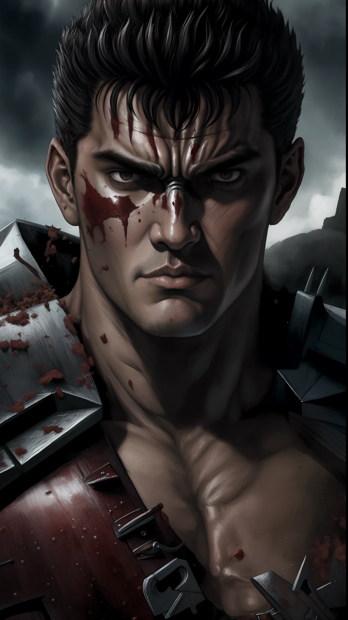 Dark fantasy-style illustration featuring Guts, also known as the Black Swordsman, with a stern expression, standing in a battle-ready pose. The character has short, dark hair and a rugged face with a determined look, reminiscent of Kentaro Miura's iconic style. He is dressed in black armor with red accents and a flowing black cape. The warrior wields a large, blood-stained Dragon Slayer sword, and the ground around him is littered with defeated, grotesque creatures, emphasizing a recent battle. The background is a dark, eerie landscape with jagged rock formations and a blood-red ground. At the bottom of the image, there is a signature in a stylized red font that reads 'ArtVision1999'.
