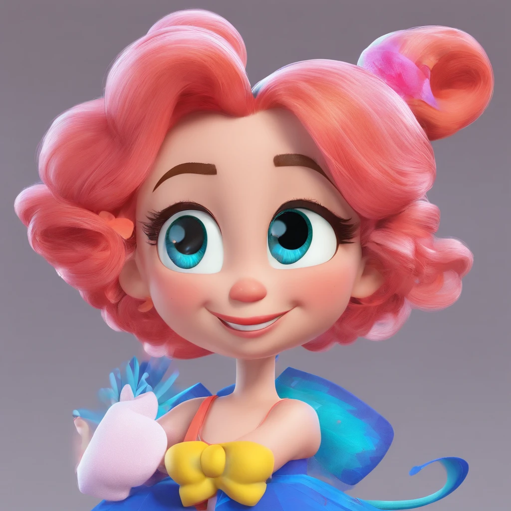 Crie uma arte bem definida estilo Disney pixar com uma mulher de 40 anos cabelos loiros com mechas azul nas pontas , Long hair fluttering in the wind, vestindo um top rosa , fazendo o simbolo paz e amor , com as unhas compridas pintadas, sorrindo com bochecha pequena , no obro esquerdo ela tem 3 tatuagem de flocos de neve bem pequenos, aprimorar no detalhe do top rosa, rosto bem definido estilo disney pixar, com fundo de uma floresta desfocada com folhas no chao