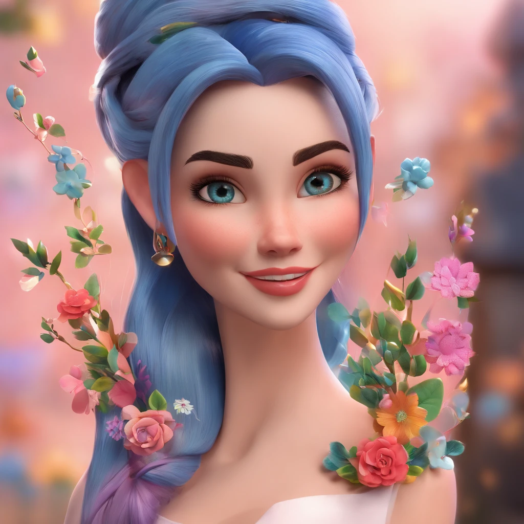 Crie uma arte bem definida estilo Disney pixar com uma mulher de 40 anos cabelos loiros com mechas azul nas pontas , Long hair fluttering in the wind, vestindo um top rosa , fazendo o simbolo paz e amor , com as unhas compridas pintadas, sorrindo com bochecha pequena , no obro esquerdo ela tem 3 tatuagem de flocos de neve bem pequenos, aprimorar no detalhe do top rosa, rosto bem definido estilo disney pixar, com fundo de uma floresta desfocada com folhas no chao