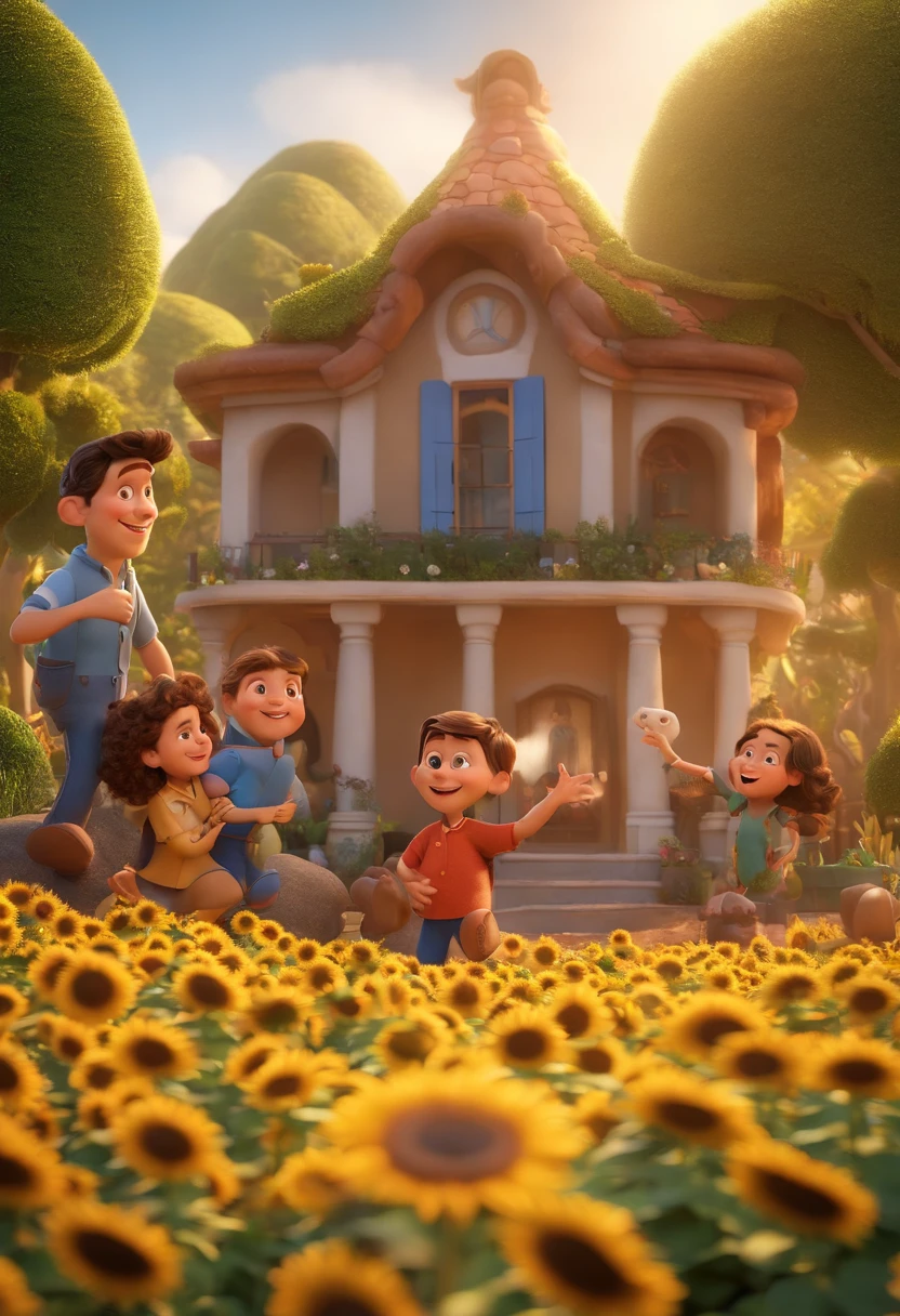 Create a Disney PIXAR-style 3D poster. ((centro da imagem, Triplets)), ((3 )) ((1 menino no meio e 2 meninas ao lado, They're hugging each other, O menino tem pele castanha e cabelos castanhos escuros e olhos castanhos escuros, 1 menina tem pele clara, olhos e cabelos escuros e cacheados, e a outra menina tem pele morena, olhos escuros e cabelos escuros e lisos)) ((tudo isso no estilo Disney PIXAR 3D, In the background, A house of sunflowers, Gloria Studio, The garden is full of nature 3D render RTX clay material, estilo de design cartunesco, POP Mart, soft lighting, linhas suaves, Spring tilt, Detailed illustrations of PIXAR 3D, Detalhes hiper-realistas, cor quente no estilo Disney PIXAR 3D))