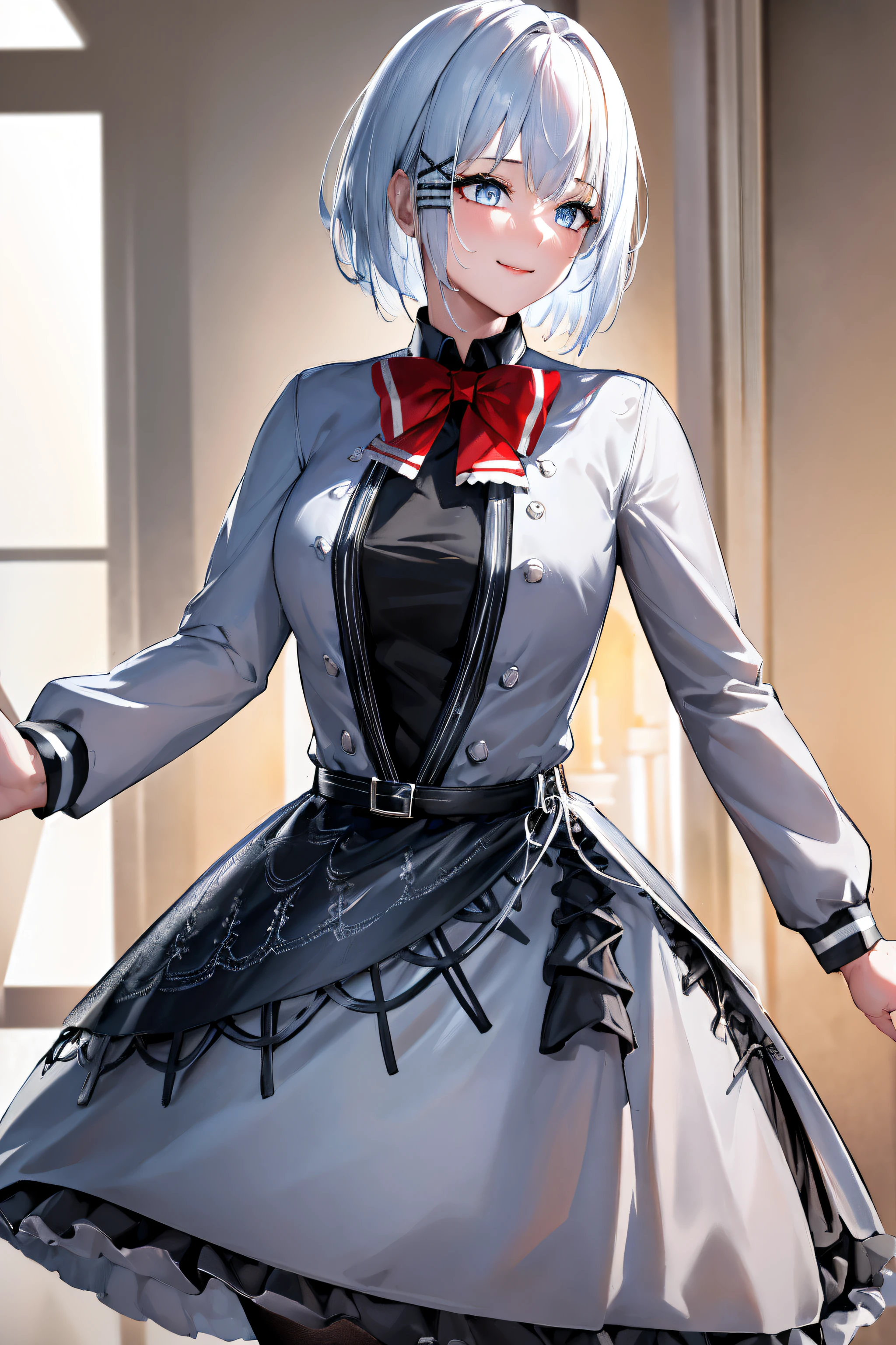 masterpiece, best quality, highres, 1girl white hair blue eyes x hair ornament, red bowtie black shirt grey jacket grey dress black skirt black belt frills black pantyhose skirt lift, smile, simple background,NSFW,official art,extremely detailed CG unity 8k wallpaper, perfect lighting, (masterpiece:1.0),(best_quality:1.0), ultra high res,4K,ultra-detailed, photography, 8K, HDR, highres, absurdres:1.2, Kodak portra 400, film grain, blurry background, bokeh:1.2, lens flare, (vibrant_color:1.2),(beautiful_face:1.5),(narrow_waist),(perfect hands, perfect anatomy),