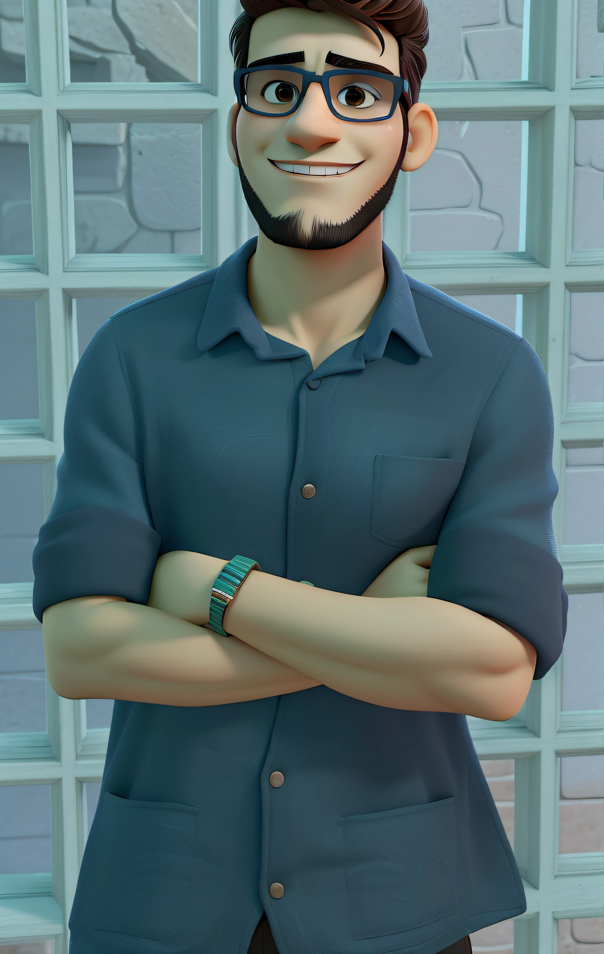 um homem jovem de 25 anos, pouca barba loira, transparent glasses, jovem moreno de origem europeia, estilo gangster, estilo disney pixar, alta qualidade, melhor qualidade