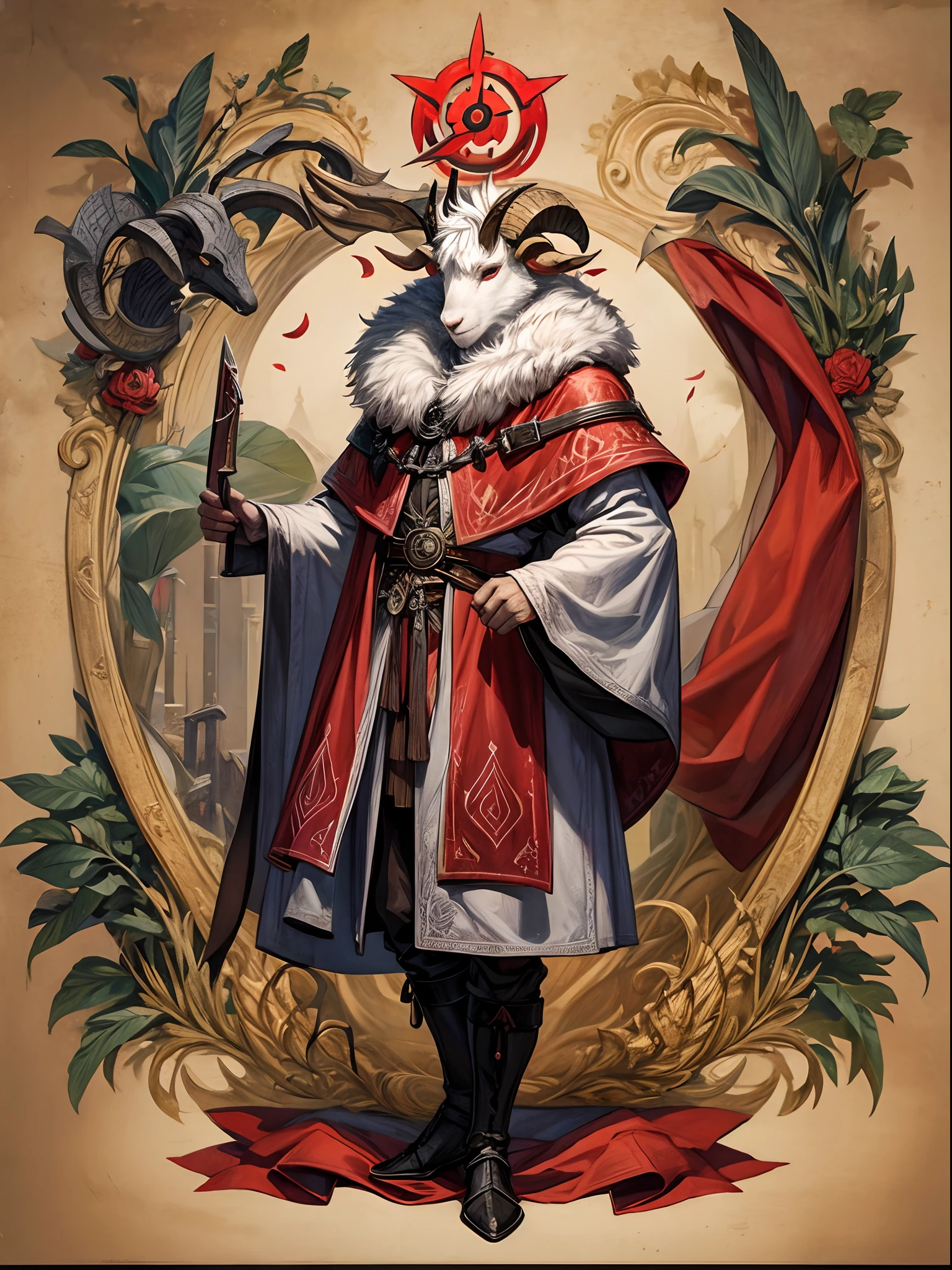 satanic templar goat medieval rustic, grotesc full body, drawing from a medieval book, colorful