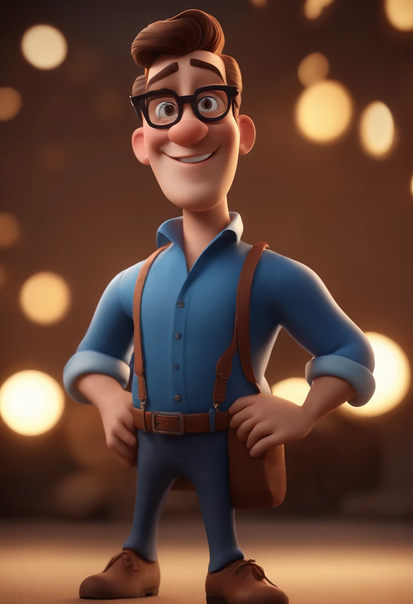 Cartoon character of a man with black glasses and a blue shirt, animation character, Caractere estilizado, animation style rendering, 3D estilizado, Arnold Maya render, 3 d render stylized, toon render keyshot, Personagem 3D, Personagem 3D, 3d rendering stylized, 3 d character render, personagem de desenho animado, Personagem de close up, Pose de personagem,  (Estilo Pixar) (master part:1.2) (Bokeh) (best quality) (pele detalhada) (textura detalhada) (8k) (argila) (Cinematic lighting) (foco nítido