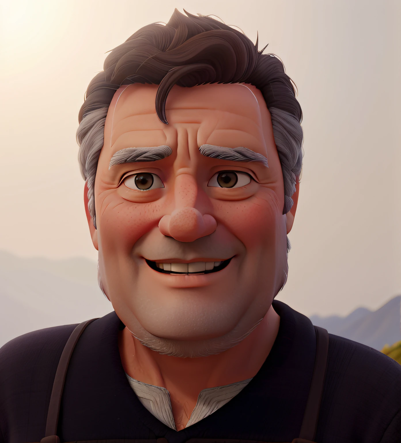 A wise middle-aged man, standing under the sun light on top of a mountain.